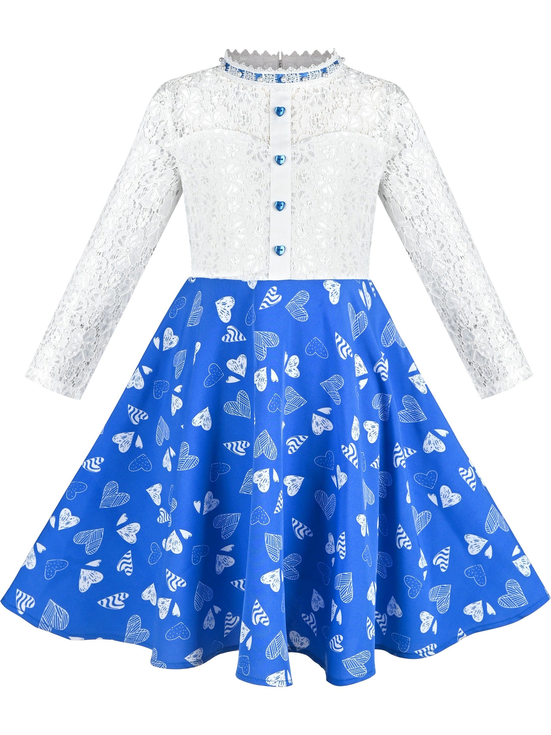 Girls Dress Lace Pearl Plum Blossom Elegant Princess Dress Blue