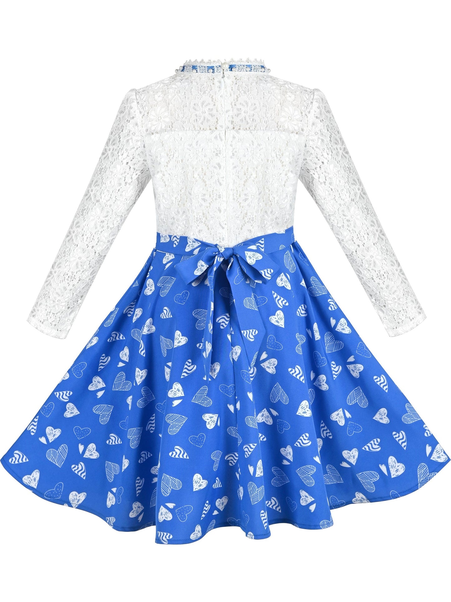Girls Dress Lace Pearl Plum Blossom Elegant Princess Dress Blue