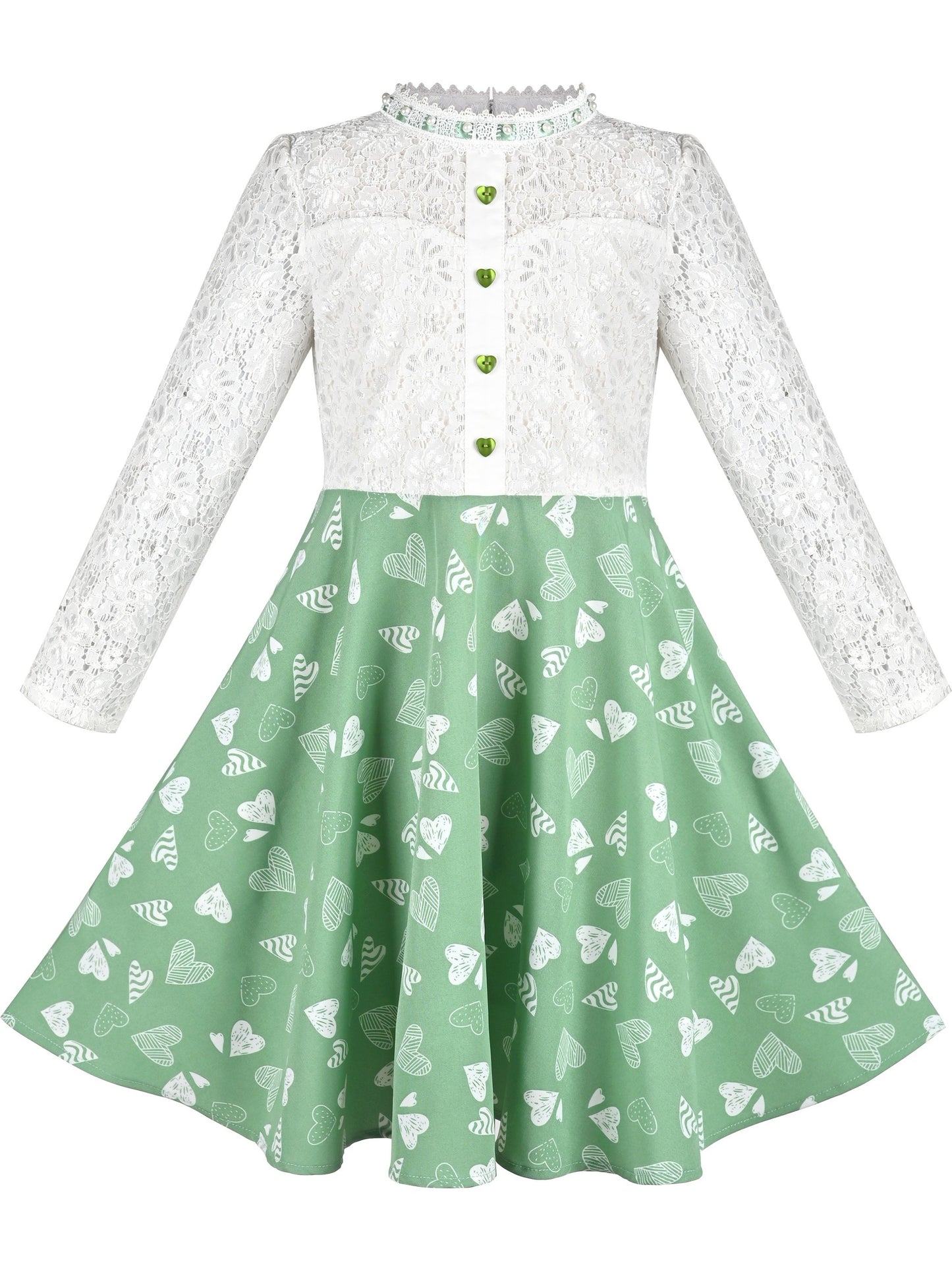 Girls Dress Lace Pearl Plum Blossom Elegant Princess Dress Green