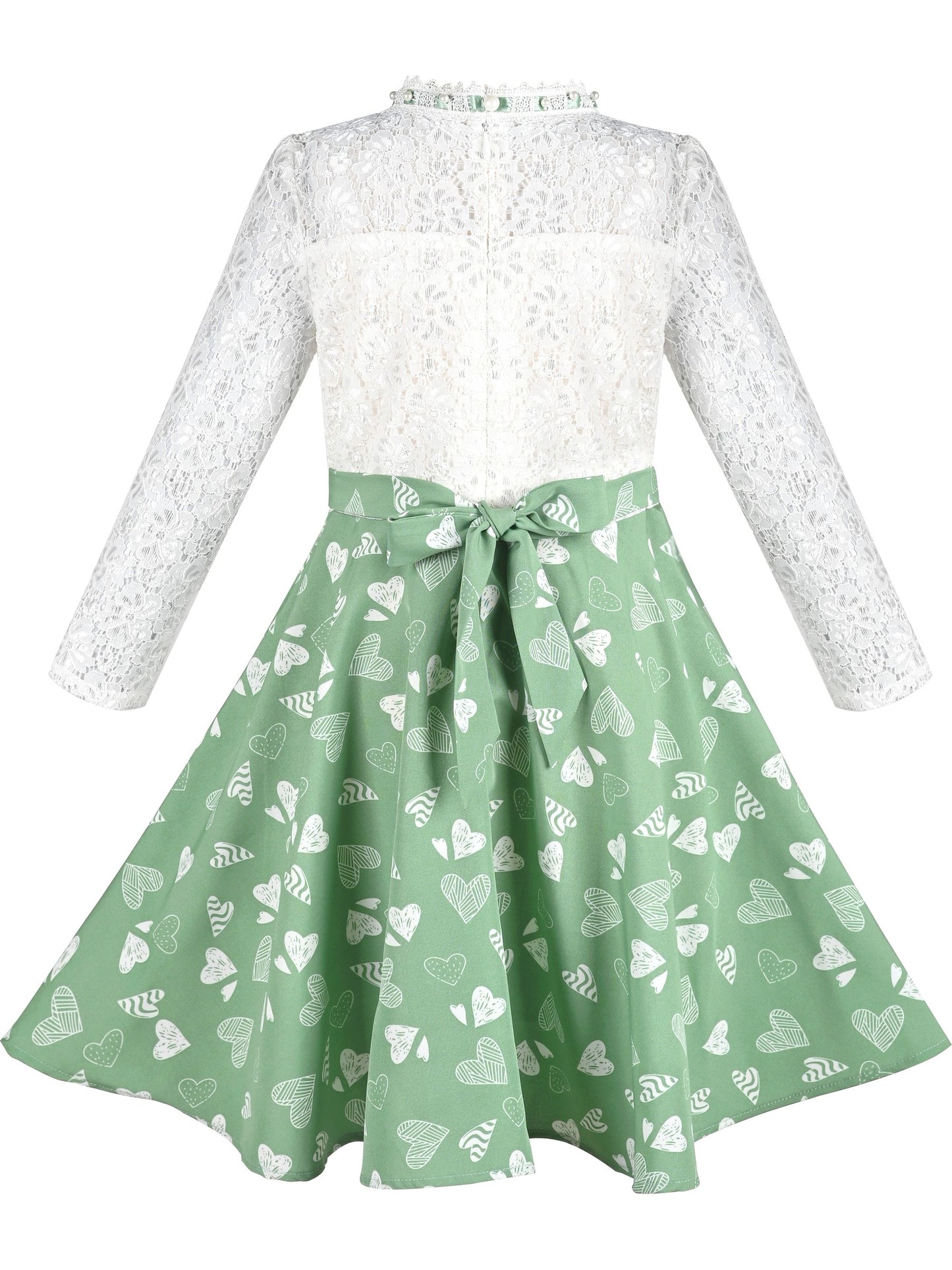 Girls Dress Lace Pearl Plum Blossom Elegant Princess Dress Green