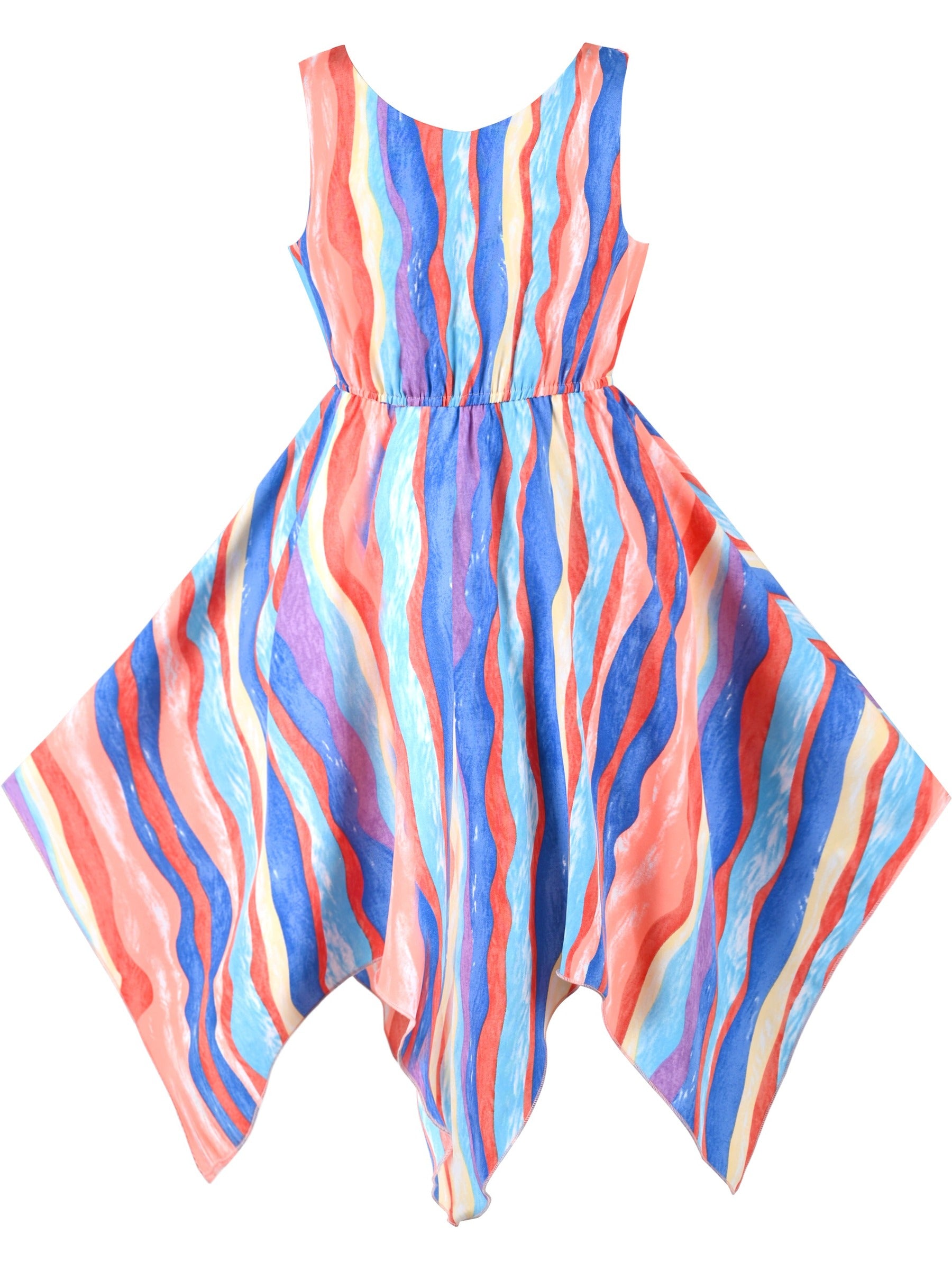 Girls Dress Sunflower Butterfly Hanky Hem Party Beach Necklace Sundress Multi-Color