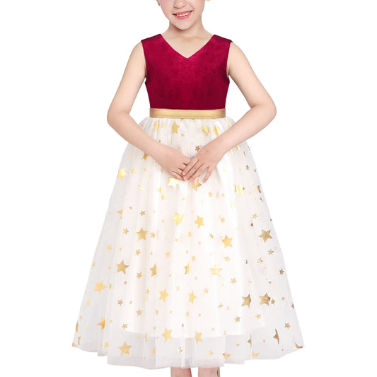 Girls Dress Purple V-neck Backless Glitter Tulle Pageant Wedding Princess Red