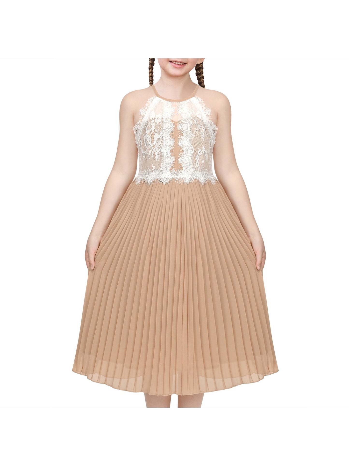 Girls Dress Coffee Halter Princess Lace Pleated Party Wedding Pageant coffee