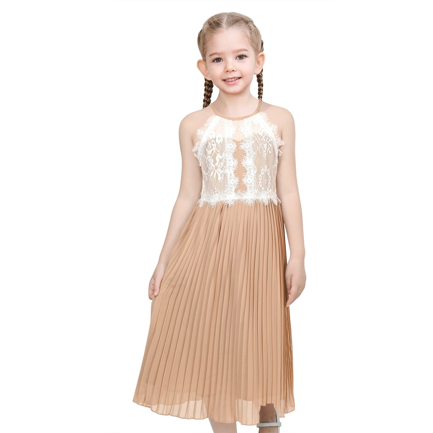 Girls Dress Coffee Halter Princess Lace Pleated Party Wedding Pageant coffee