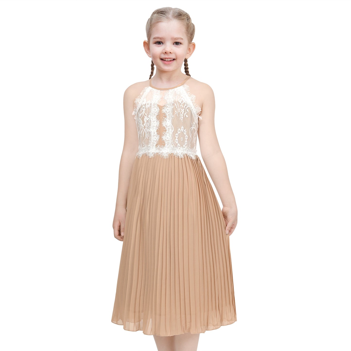 Girls Dress Coffee Halter Princess Lace Pleated Party Wedding Pageant coffee