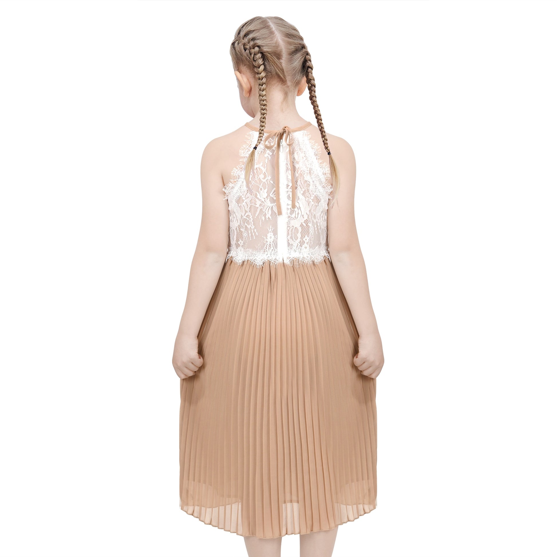 Girls Dress Coffee Halter Princess Lace Pleated Party Wedding Pageant coffee