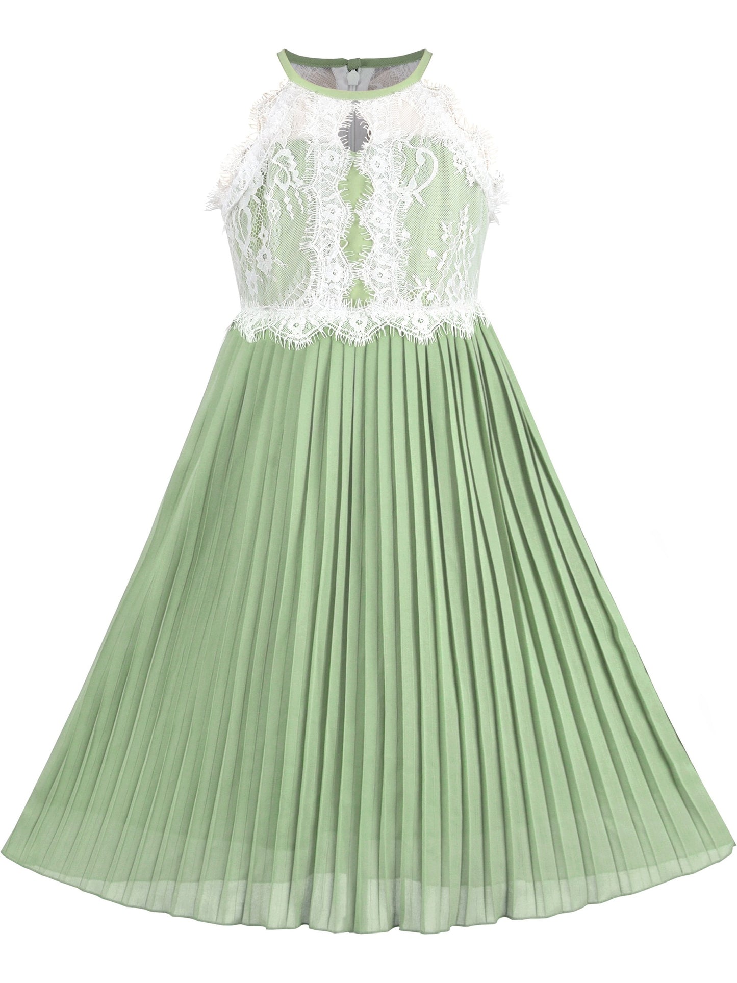 Girls Dress Coffee Halter Princess Lace Pleated Party Wedding Pageant Green