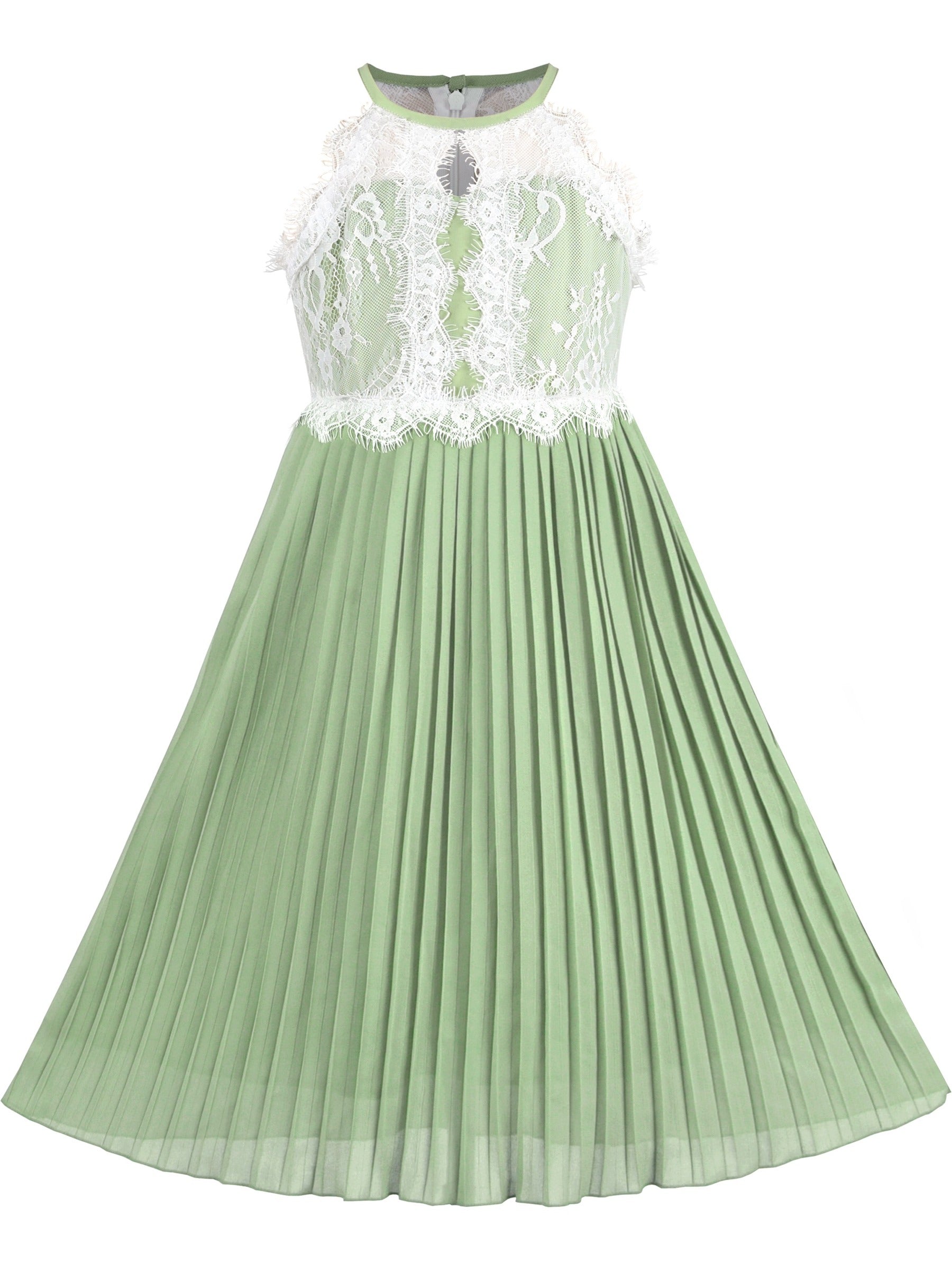 Girls Dress Coffee Halter Princess Lace Pleated Party Wedding Pageant Green