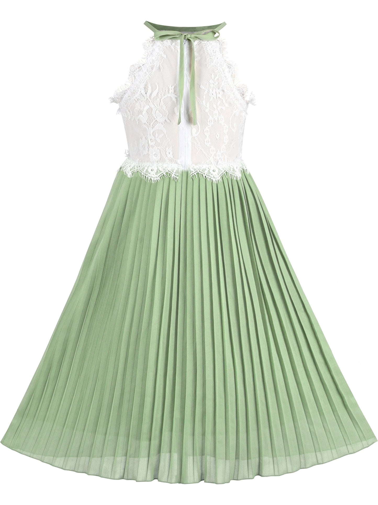 Girls Dress Coffee Halter Princess Lace Pleated Party Wedding Pageant Green