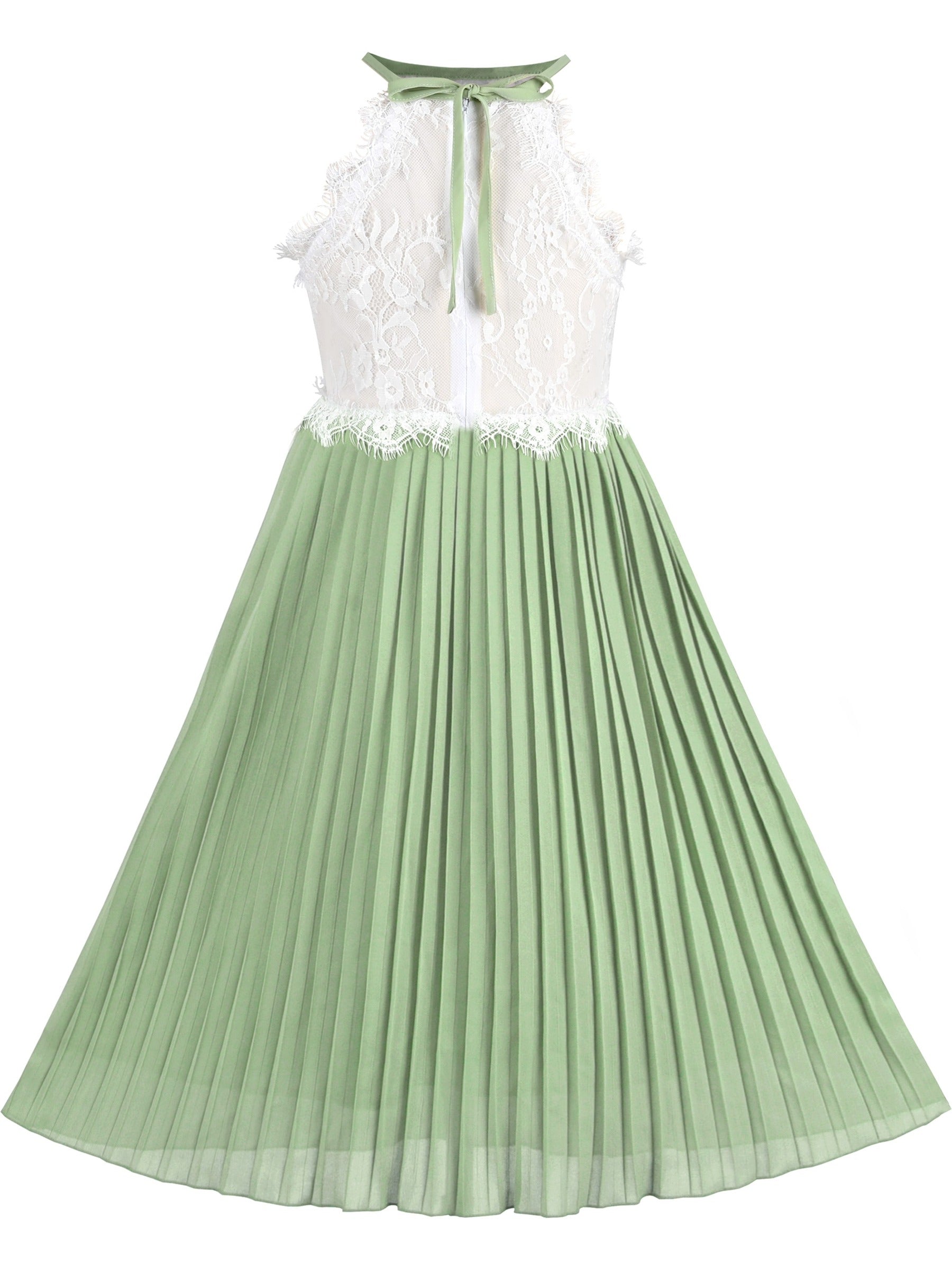 Girls Dress Coffee Halter Princess Lace Pleated Party Wedding Pageant Green
