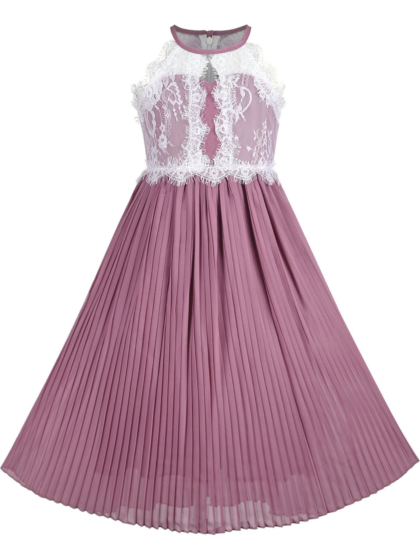 Girls Dress Coffee Halter Princess Lace Pleated Party Wedding Pageant Purple