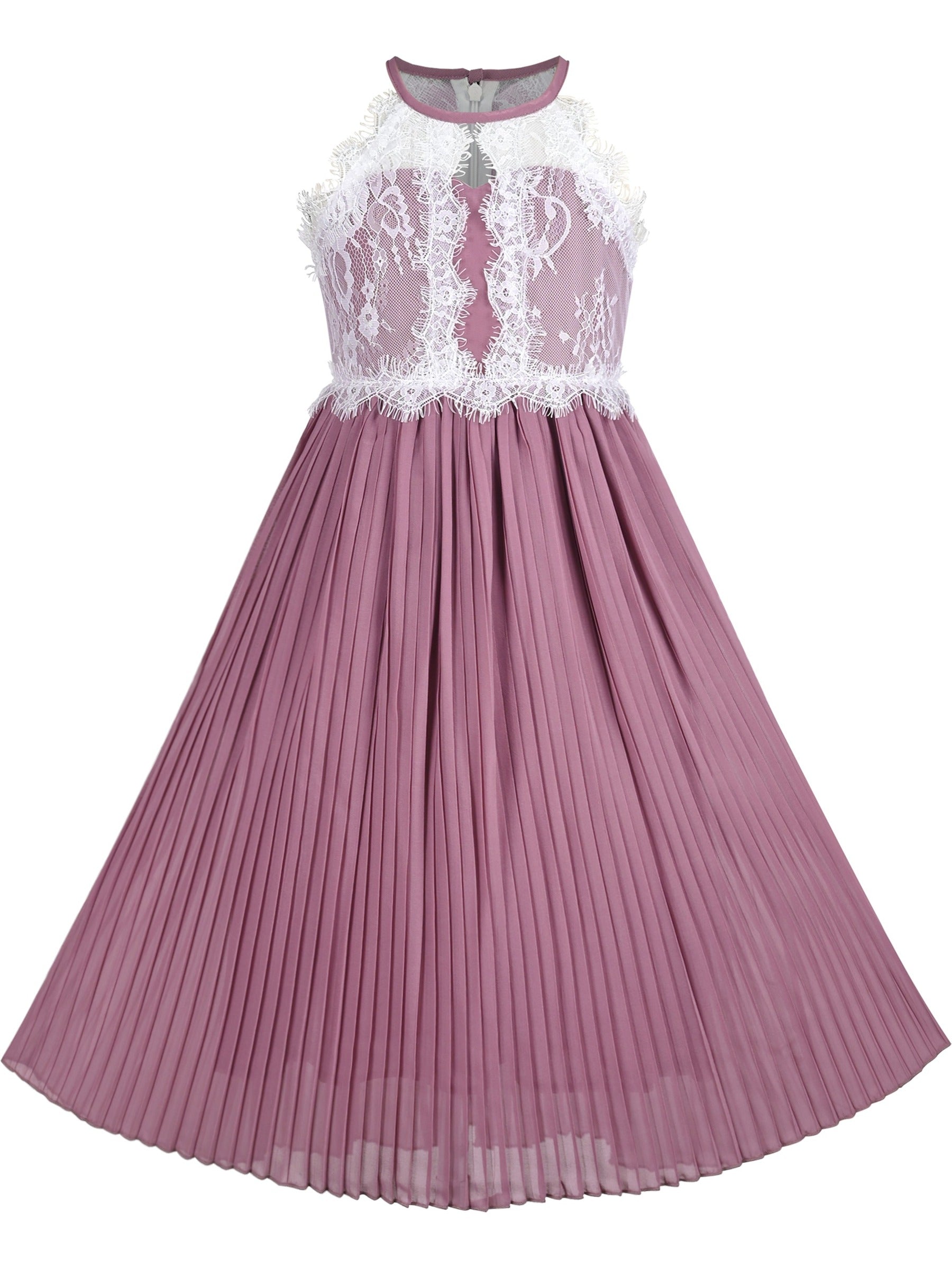 Girls Dress Coffee Halter Princess Lace Pleated Party Wedding Pageant Purple