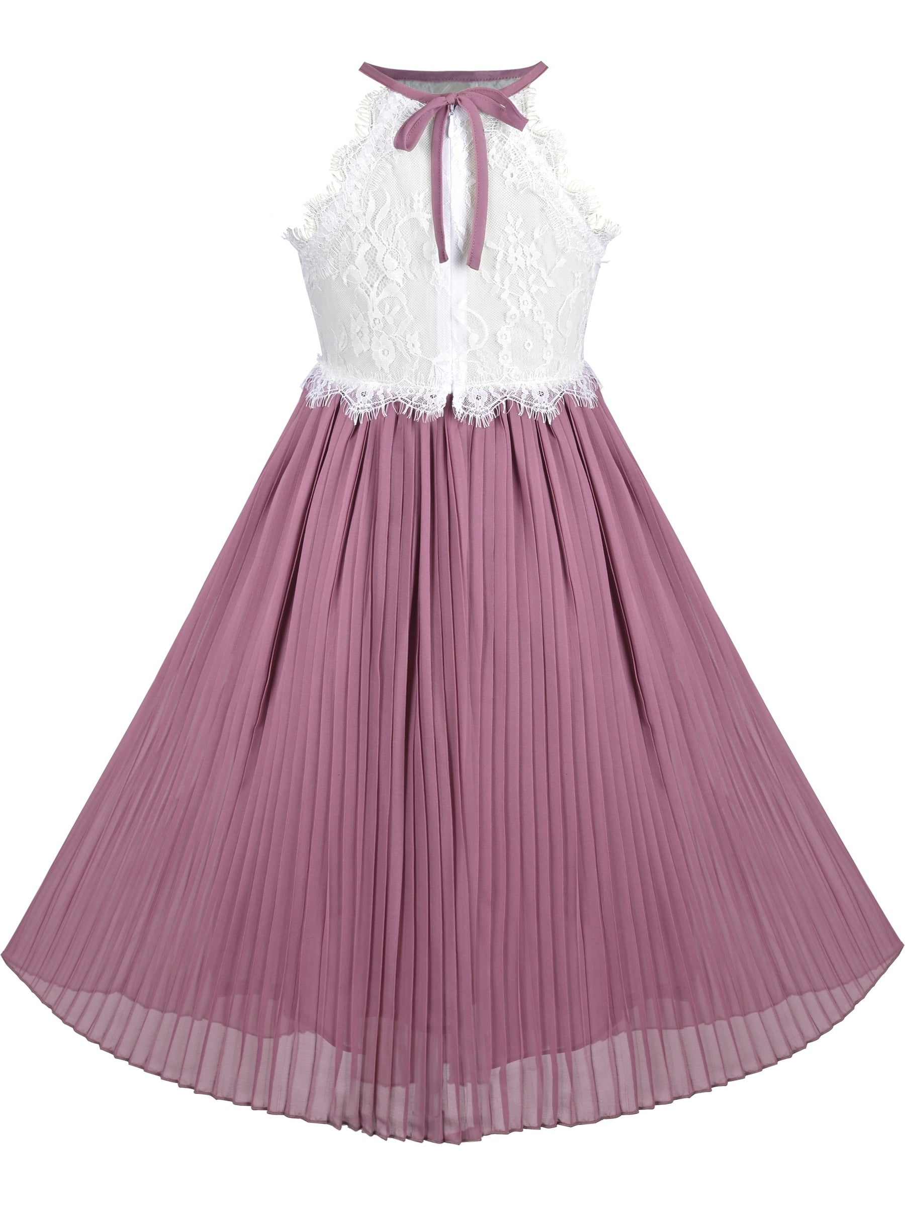 Girls Dress Coffee Halter Princess Lace Pleated Party Wedding Pageant Purple