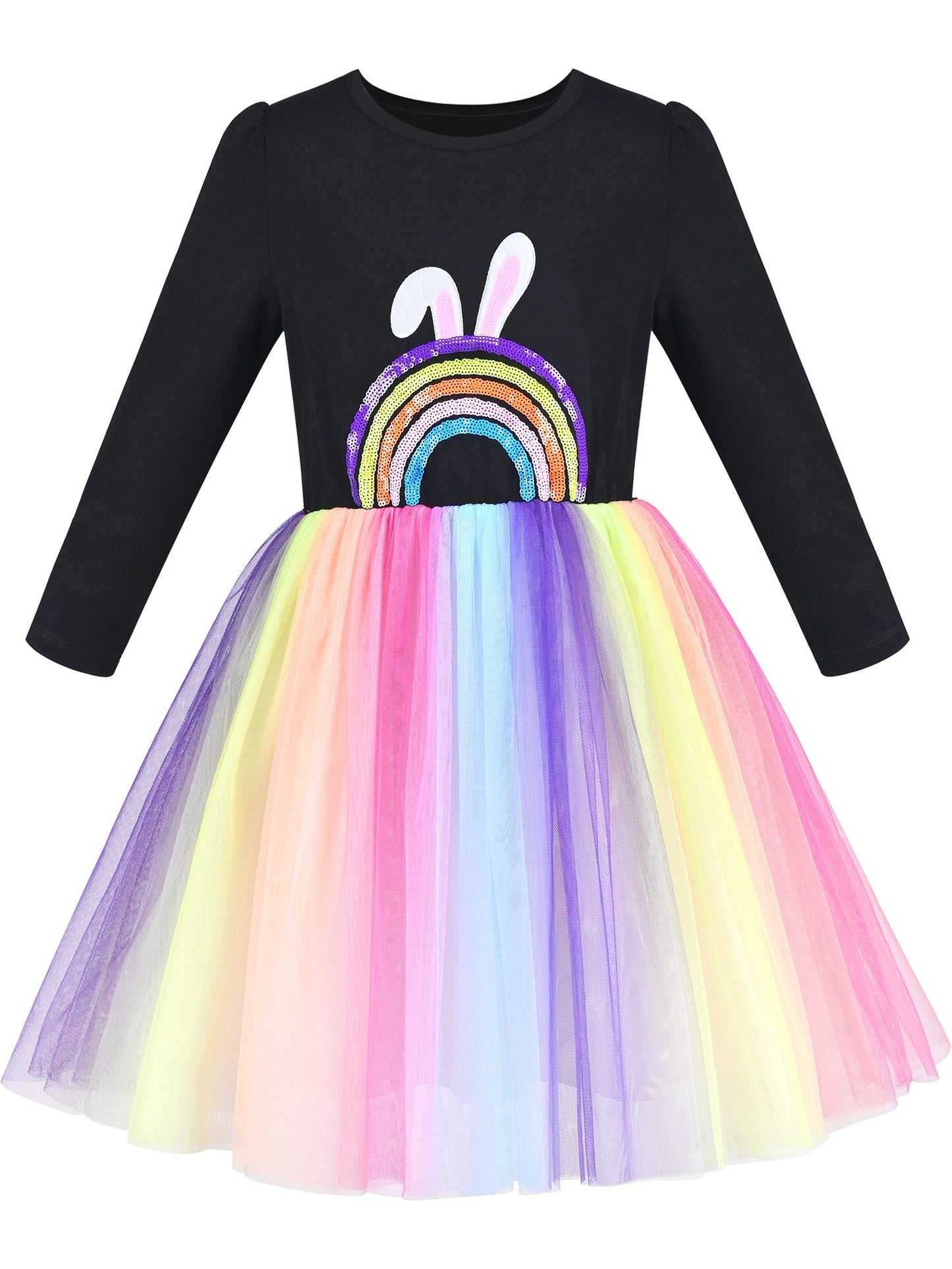 Girls Dress Sequin Stripe Ruffle Fairy Rainbow Colorful Long Sleeve Multi-Color