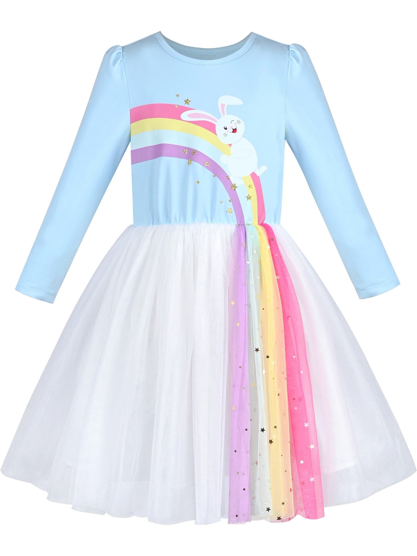 Girls Dress Sequin Stripe Ruffle Fairy Rainbow Colorful Long Sleeve Blue