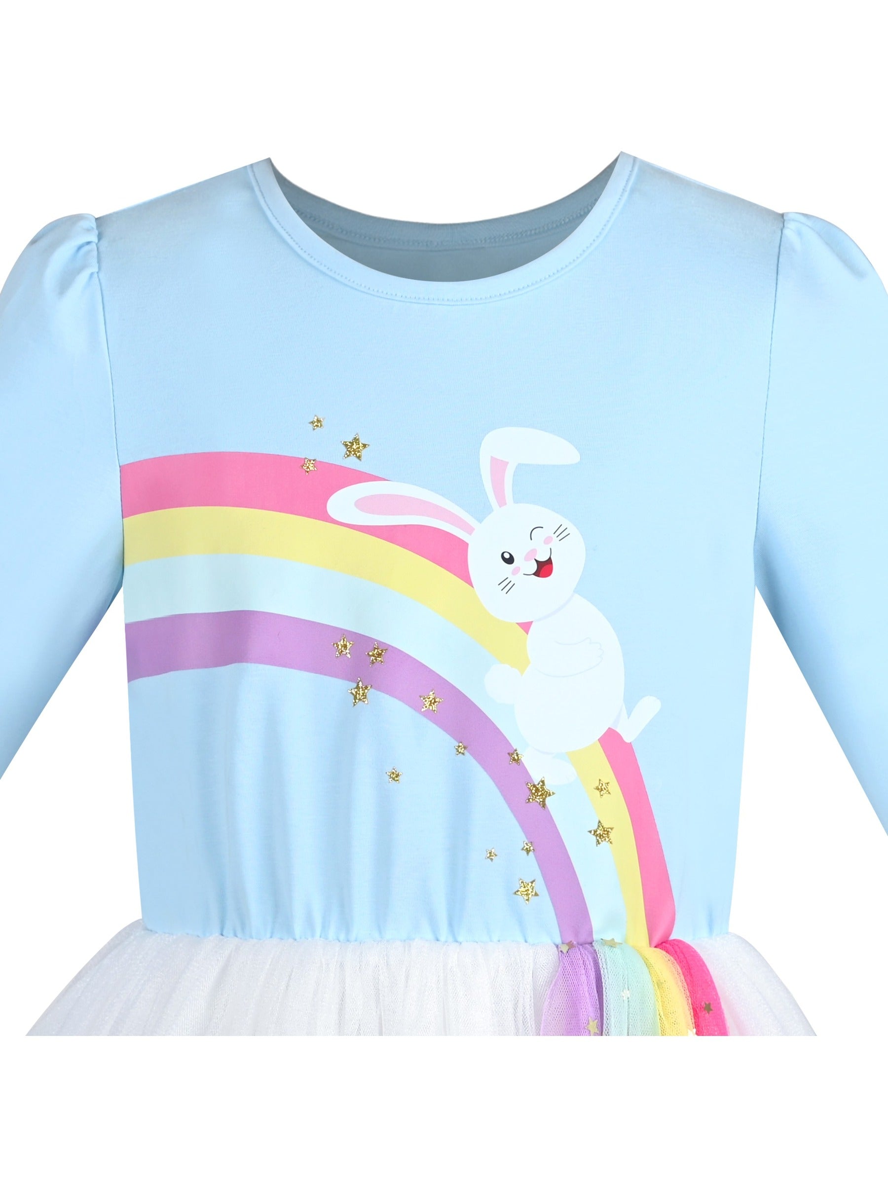 Girls Dress Sequin Stripe Ruffle Fairy Rainbow Colorful Long Sleeve Blue