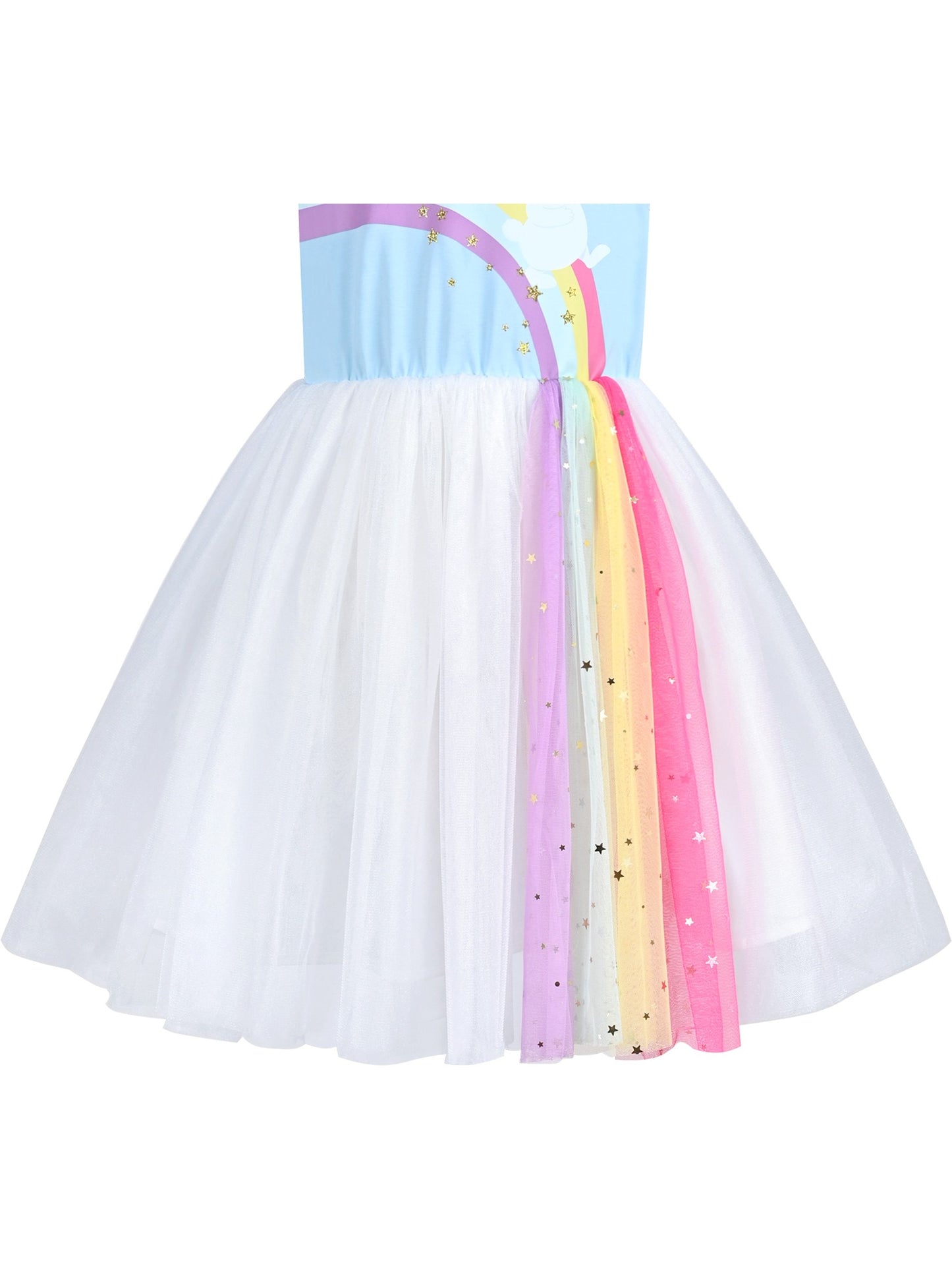 Girls Dress Sequin Stripe Ruffle Fairy Rainbow Colorful Long Sleeve Blue