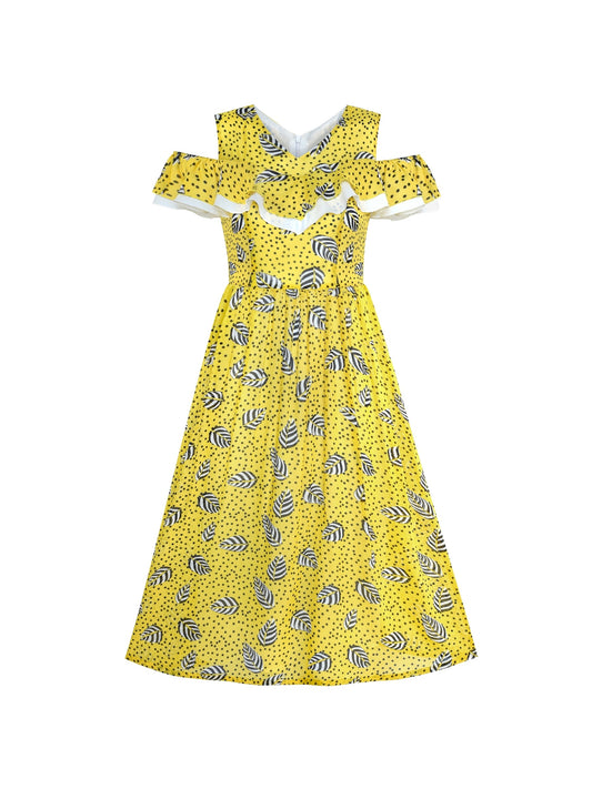 Women's Chiffon Floral Ruffled Cold Shoulder Casual Party Dress Yellow
