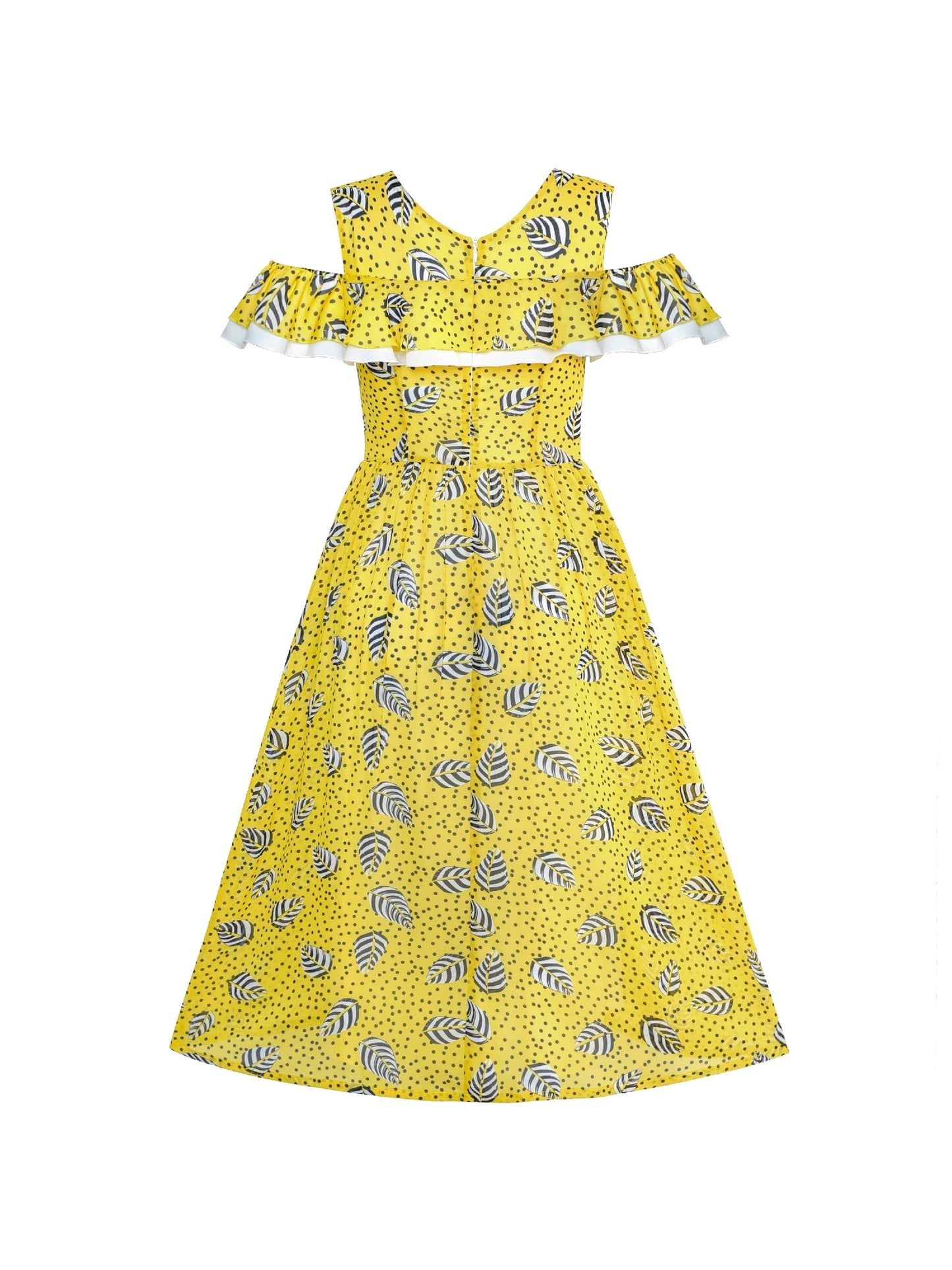 Women's Chiffon Floral Ruffled Cold Shoulder Casual Party Dress Yellow