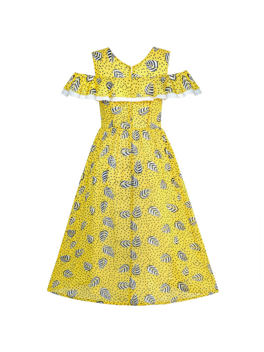Women's Chiffon Floral Ruffled Cold Shoulder Casual Party Dress Yellow