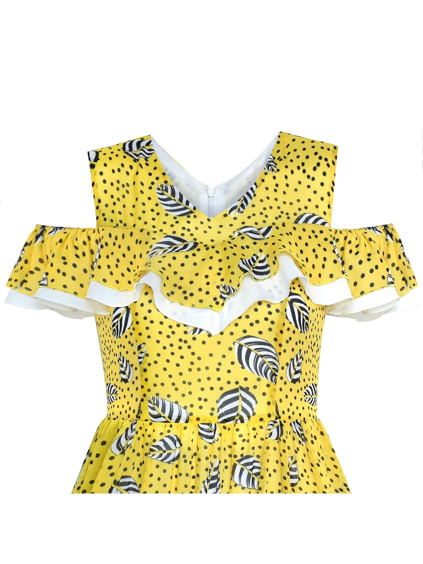 Women's Chiffon Floral Ruffled Cold Shoulder Casual Party Dress Yellow