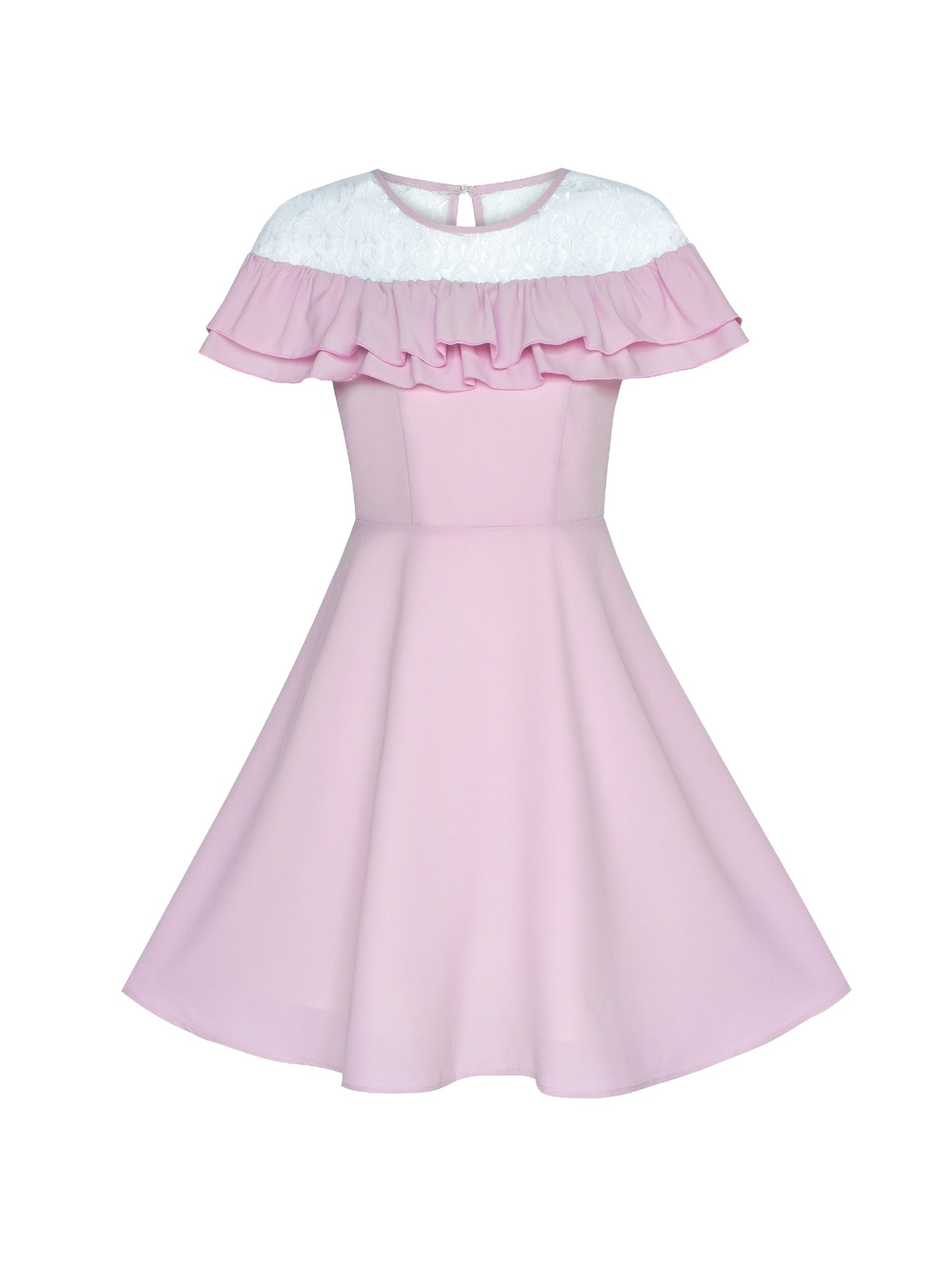 Women's Ruffle Cape Sleeve Vintage Casual Party Dress Pink
