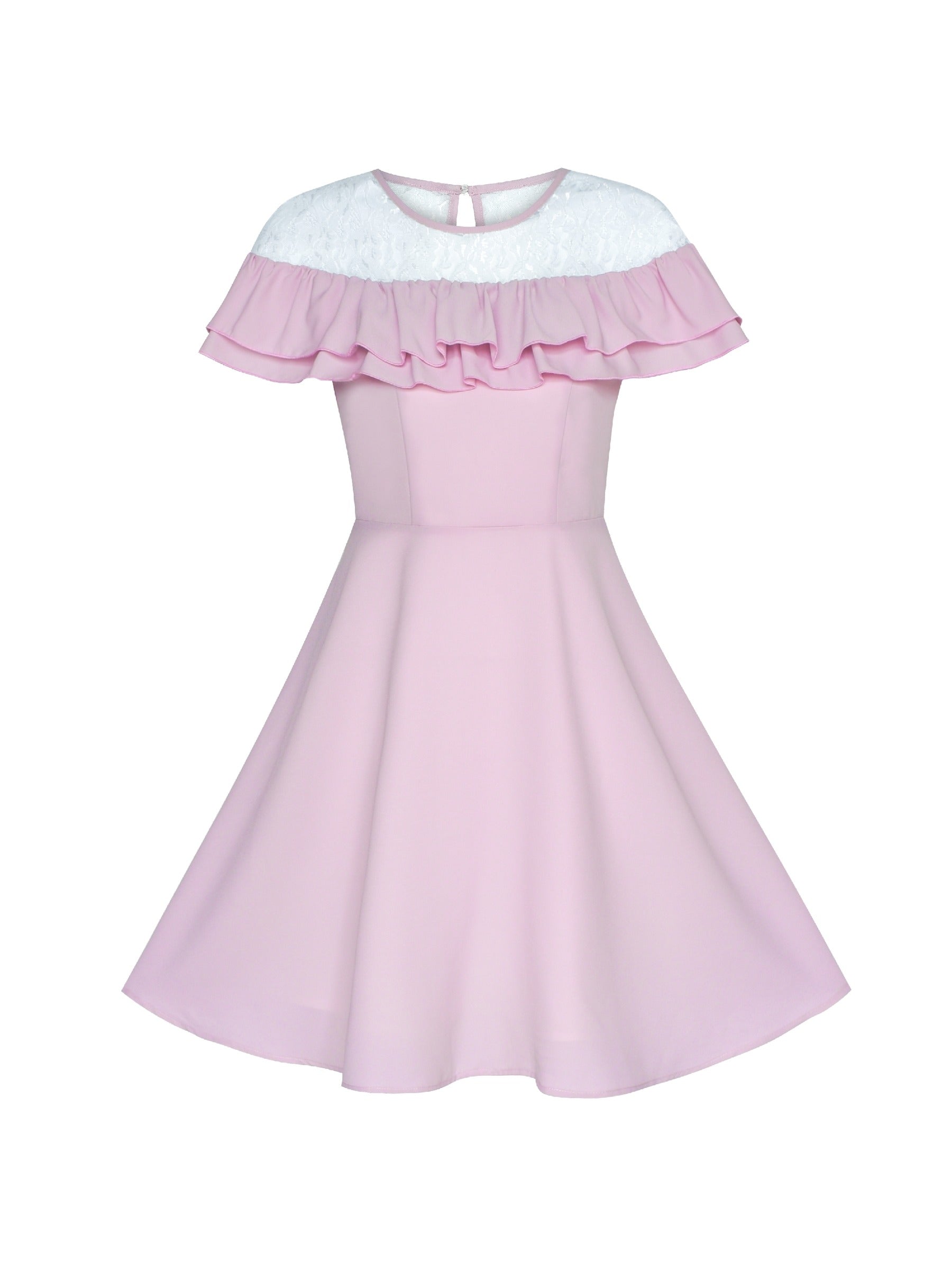 Women's Ruffle Cape Sleeve Vintage Casual Party Dress Pink