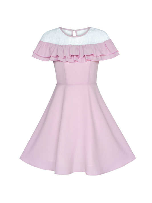 Women's Ruffle Cape Sleeve Vintage Casual Party Dress Pink