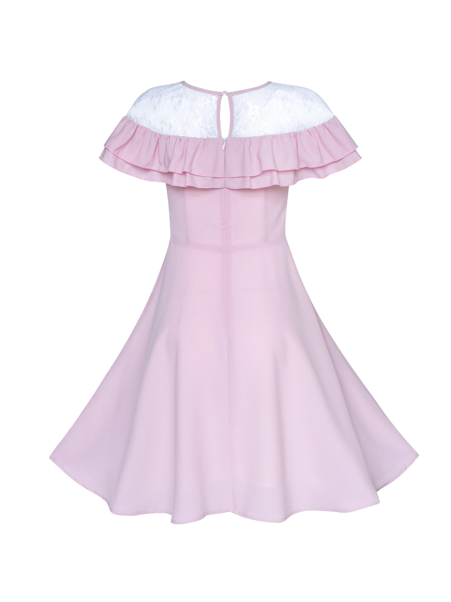 Women's Ruffle Cape Sleeve Vintage Casual Party Dress Pink