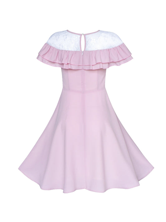 Women's Ruffle Cape Sleeve Vintage Casual Party Dress Pink