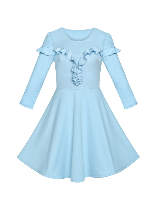 Women's Ruffled Decoration Long Sleeve Vintage Casual Party Dress Blue