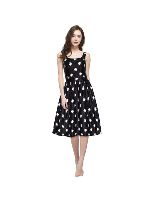 Women Clover Pattern Black Swing Casual Party Midi Tea Dress Black