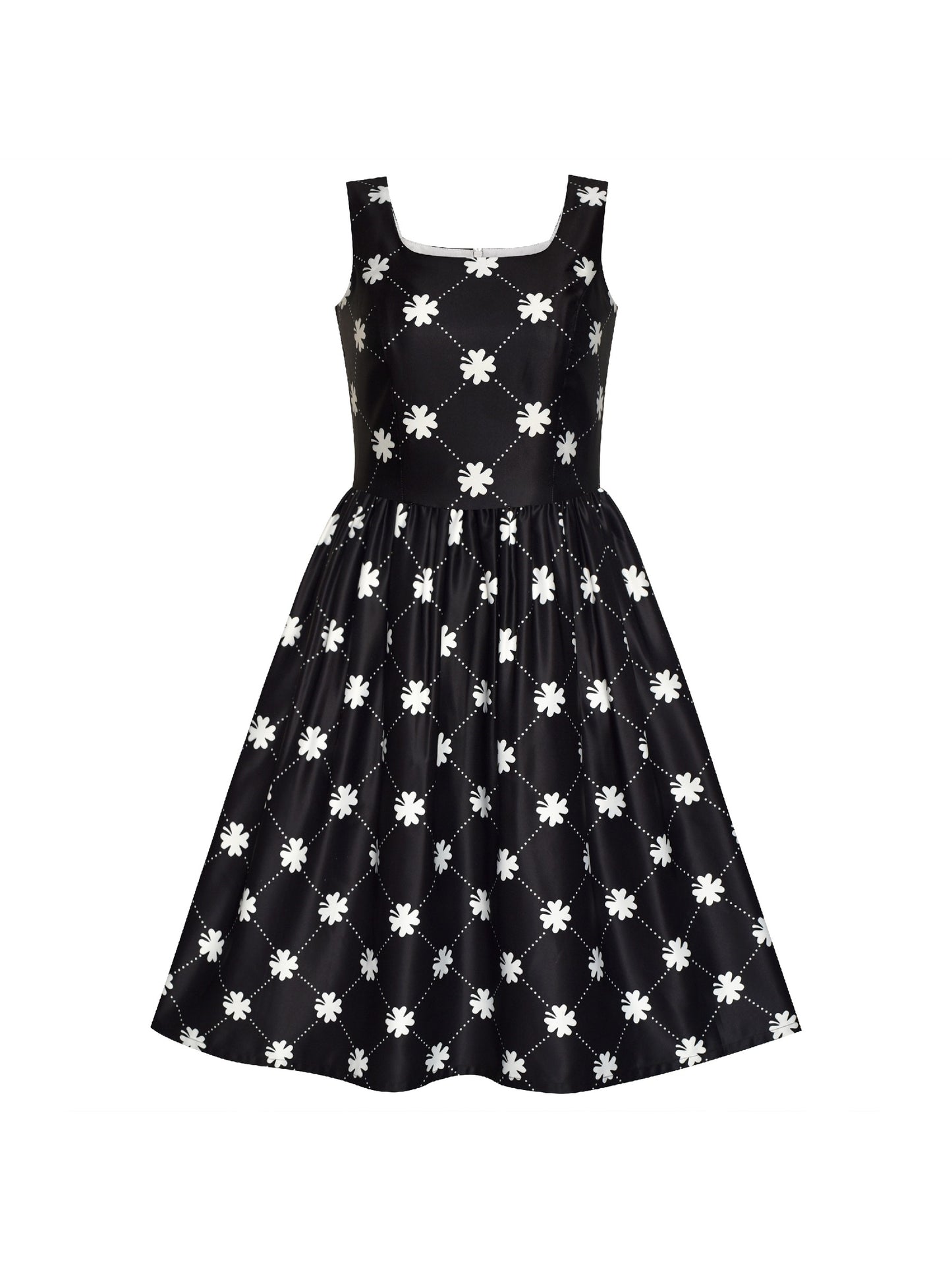 Women Clover Pattern Black Swing Casual Party Midi Tea Dress Black