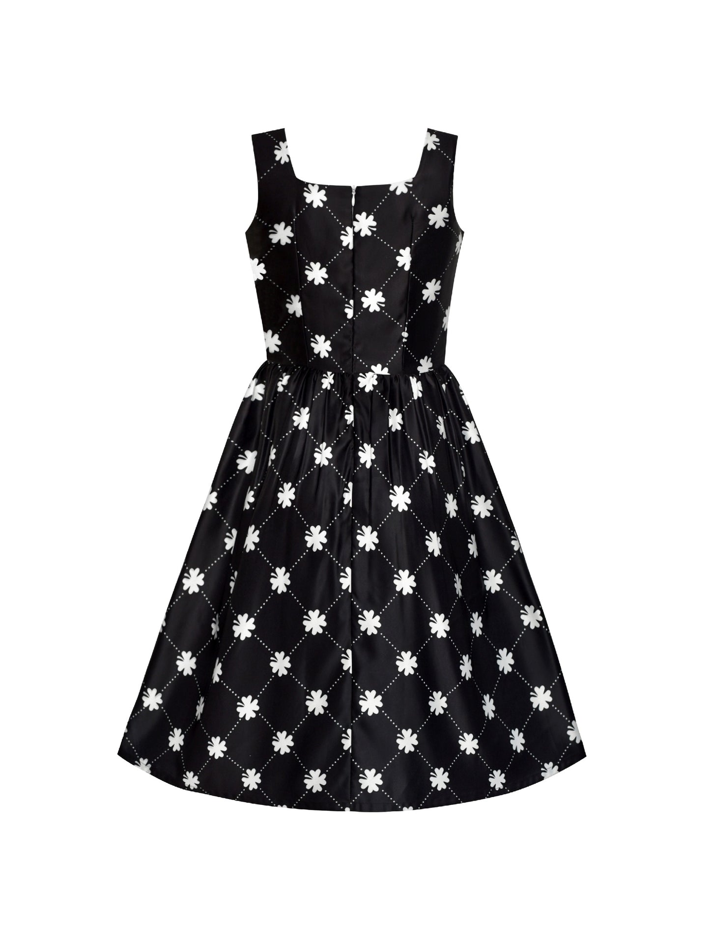 Women Clover Pattern Black Swing Casual Party Midi Tea Dress Black