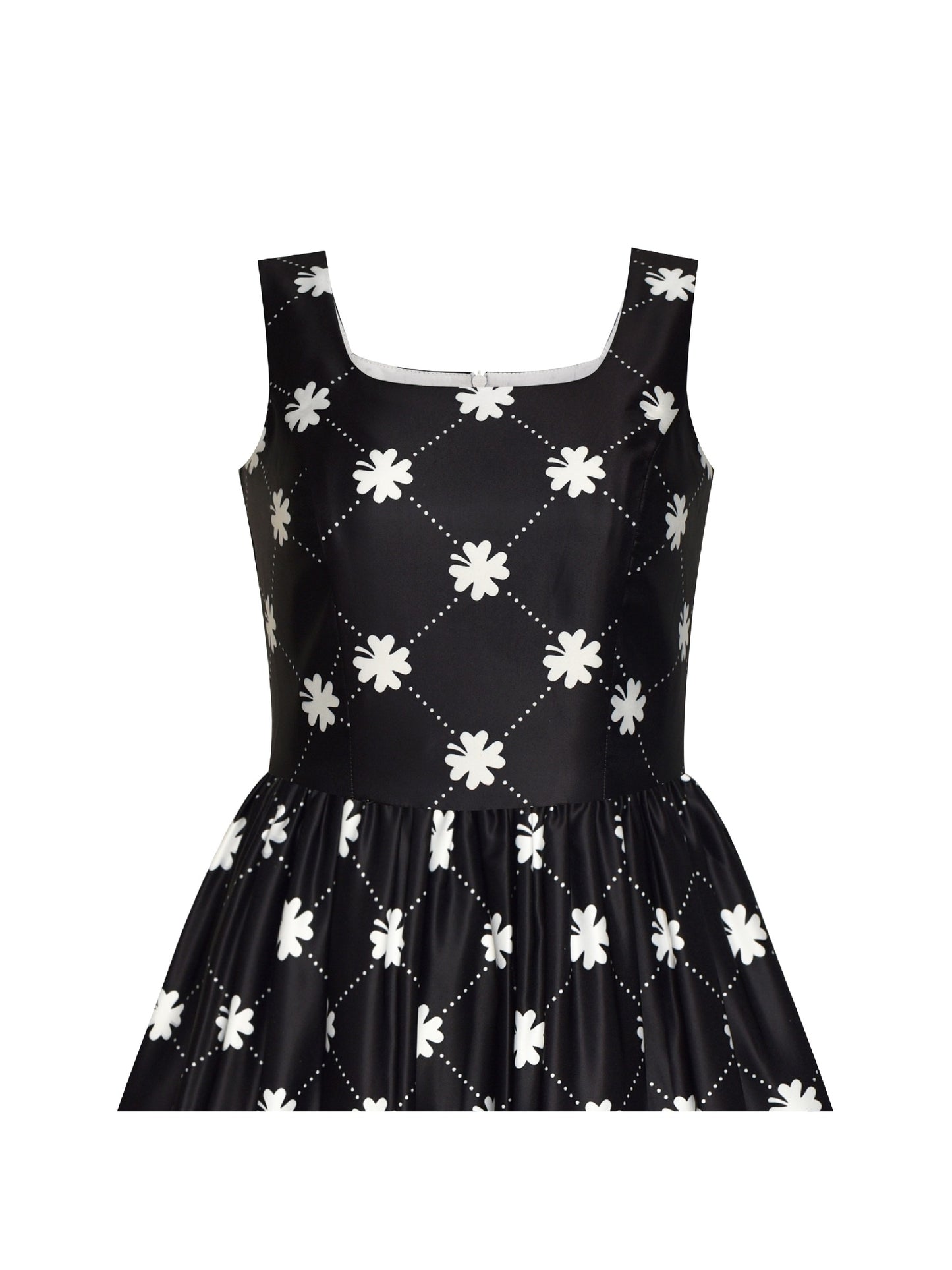 Women Clover Pattern Black Swing Casual Party Midi Tea Dress Black