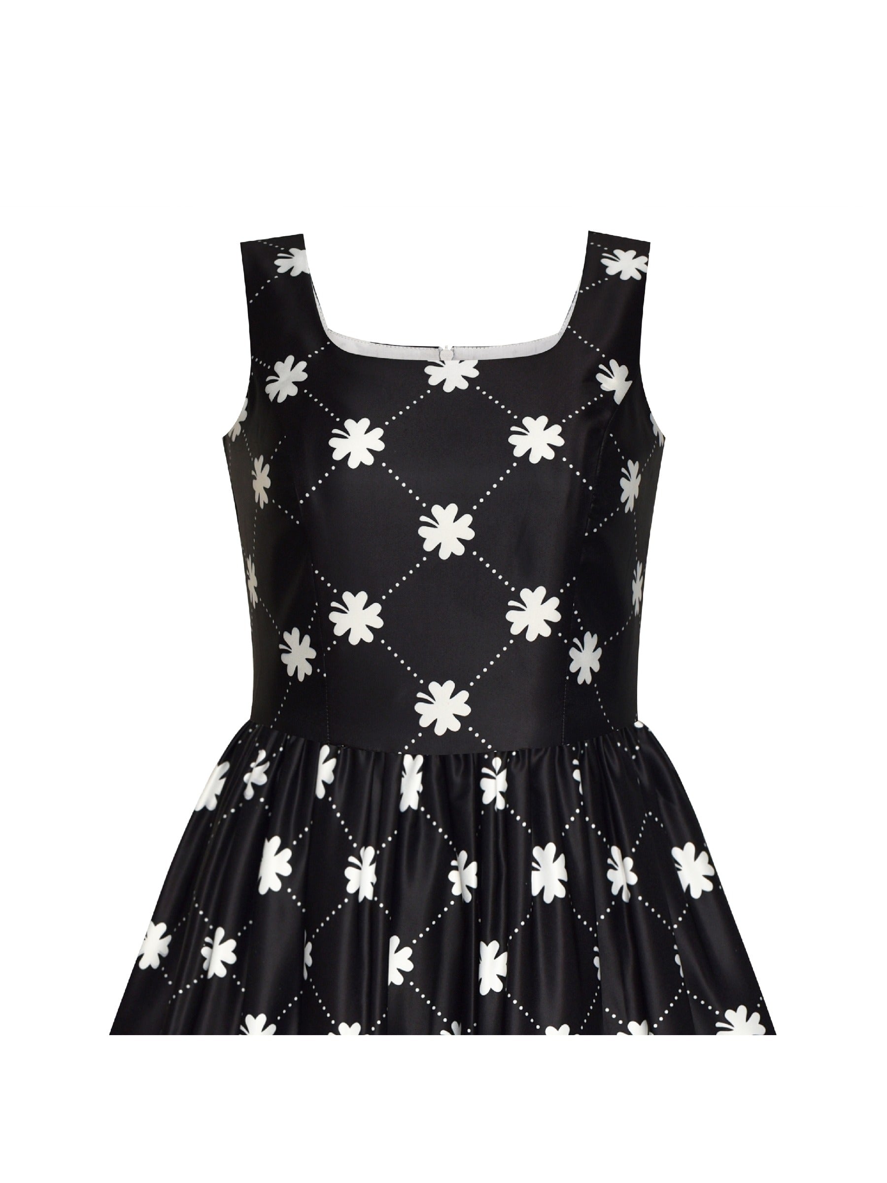 Women Clover Pattern Black Swing Casual Party Midi Tea Dress Black
