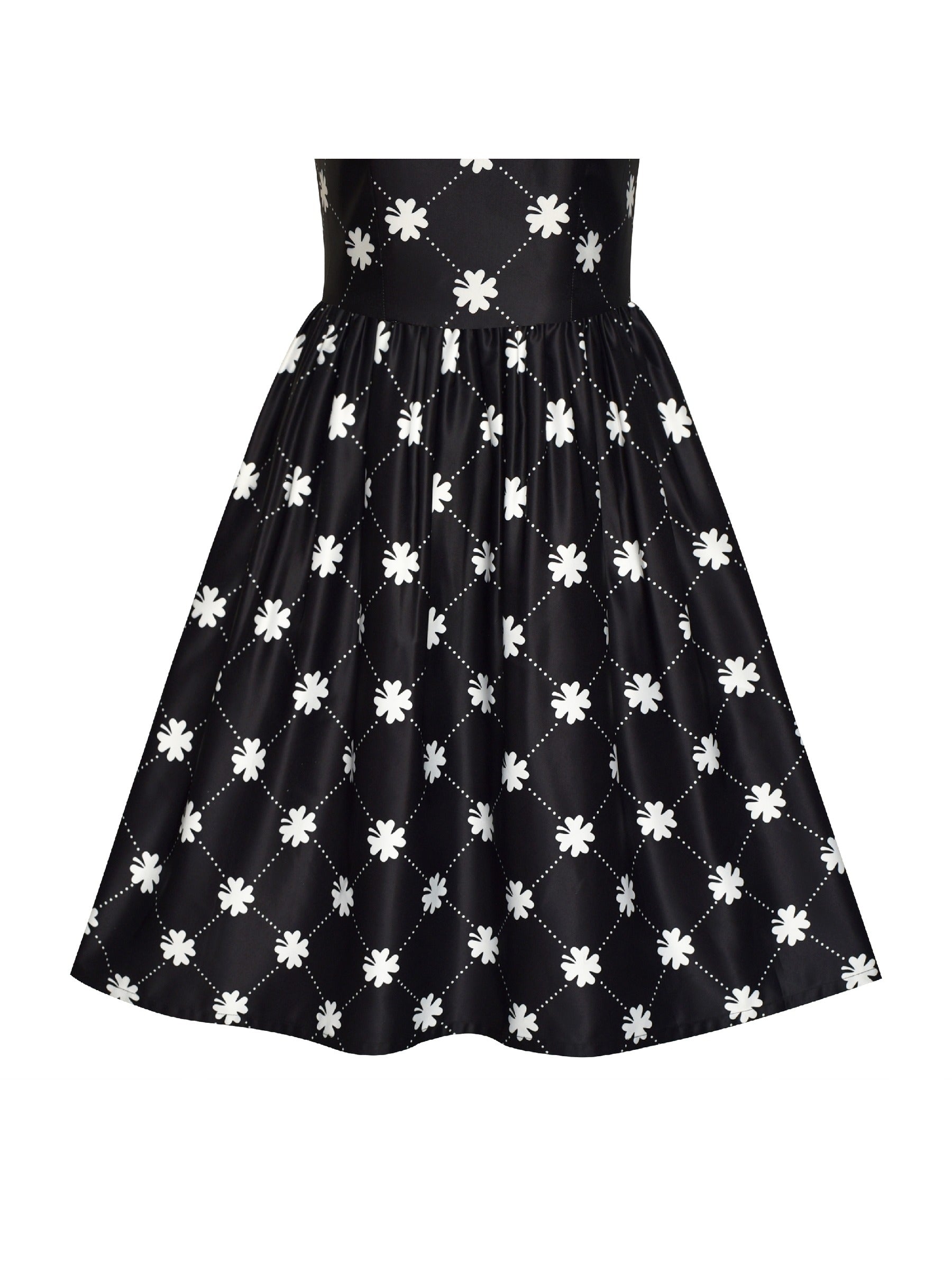 Women Clover Pattern Black Swing Casual Party Midi Tea Dress Black