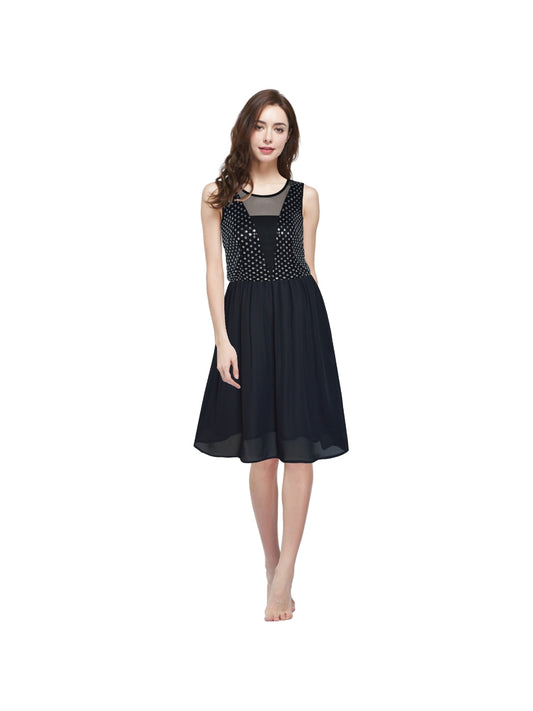 Women Sleeveless Sequin Sexy Chiffon Black Party Dress Black
