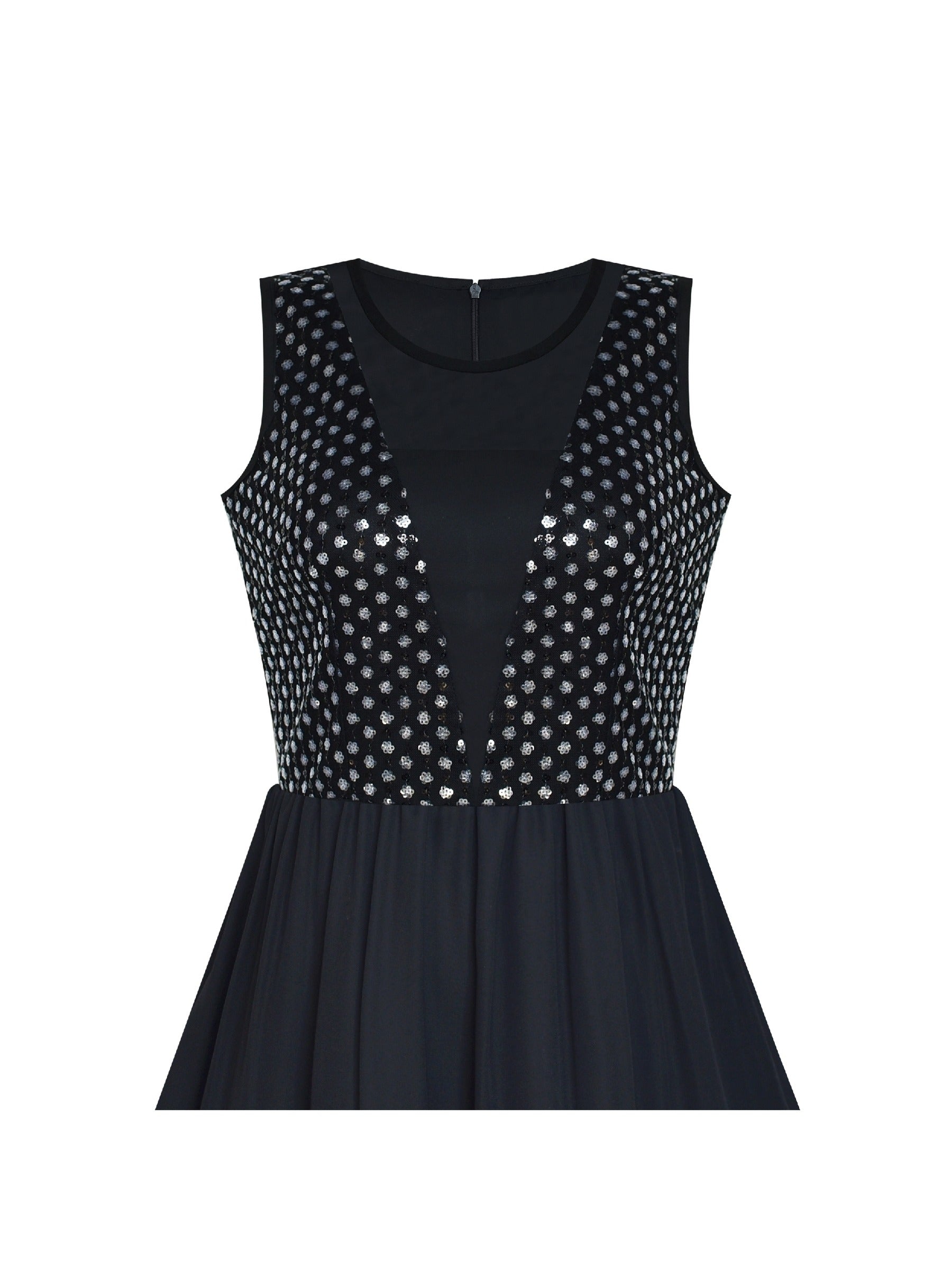 Women Sleeveless Sequin Sexy Chiffon Black Party Dress Black