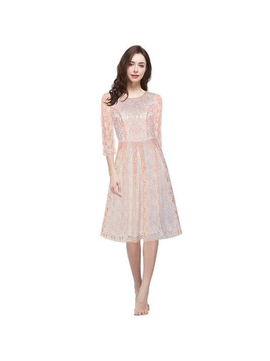 Women Beige Lace 3/4 Sleeve Vintage Casual Party Dress Pink