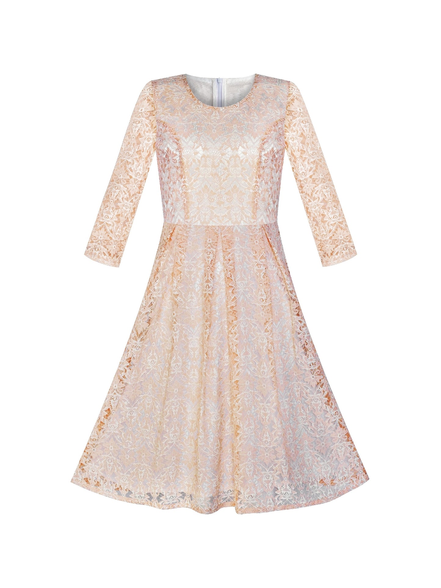 Women Beige Lace 3/4 Sleeve Vintage Casual Party Dress Pink