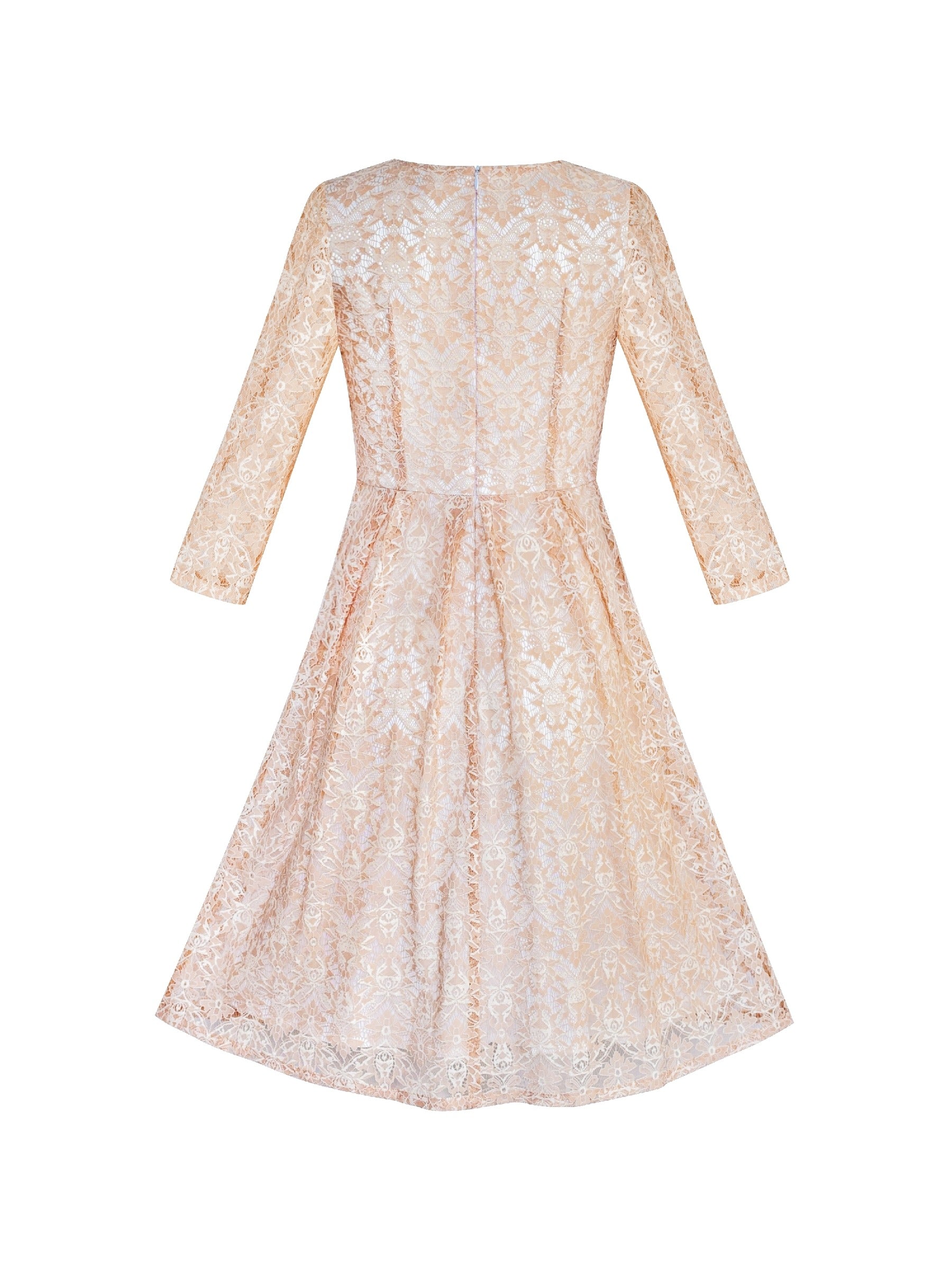 Women Beige Lace 3/4 Sleeve Vintage Casual Party Dress Pink