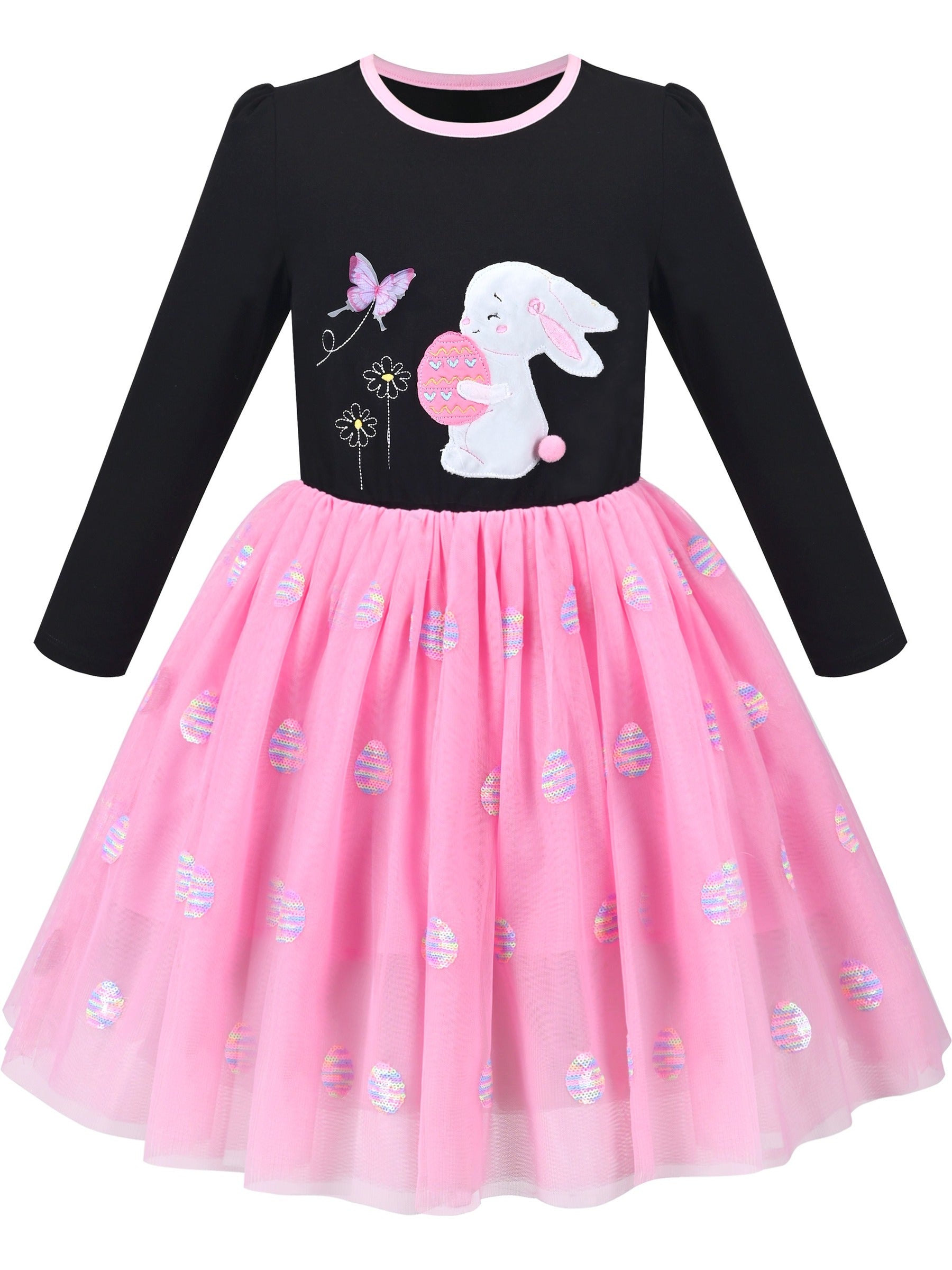 Girls Dress Sequin Stripe Ruffle Fairy Rainbow Colorful Long Sleeve Pink