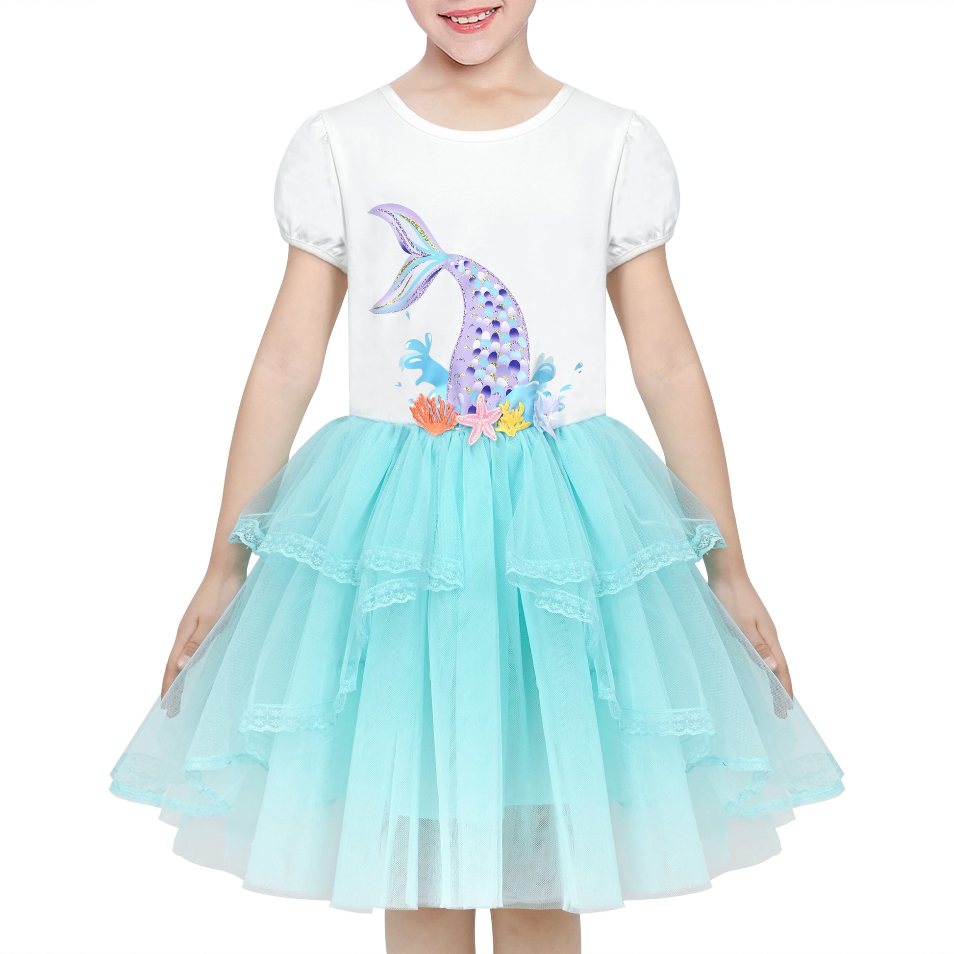 Girls Dress Dancing Girl Print Tutu Short Sleeve Sundress Blue