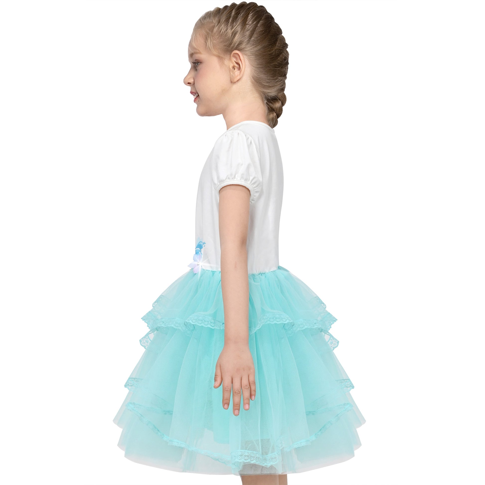 Girls Dress Dancing Girl Print Tutu Short Sleeve Sundress Blue