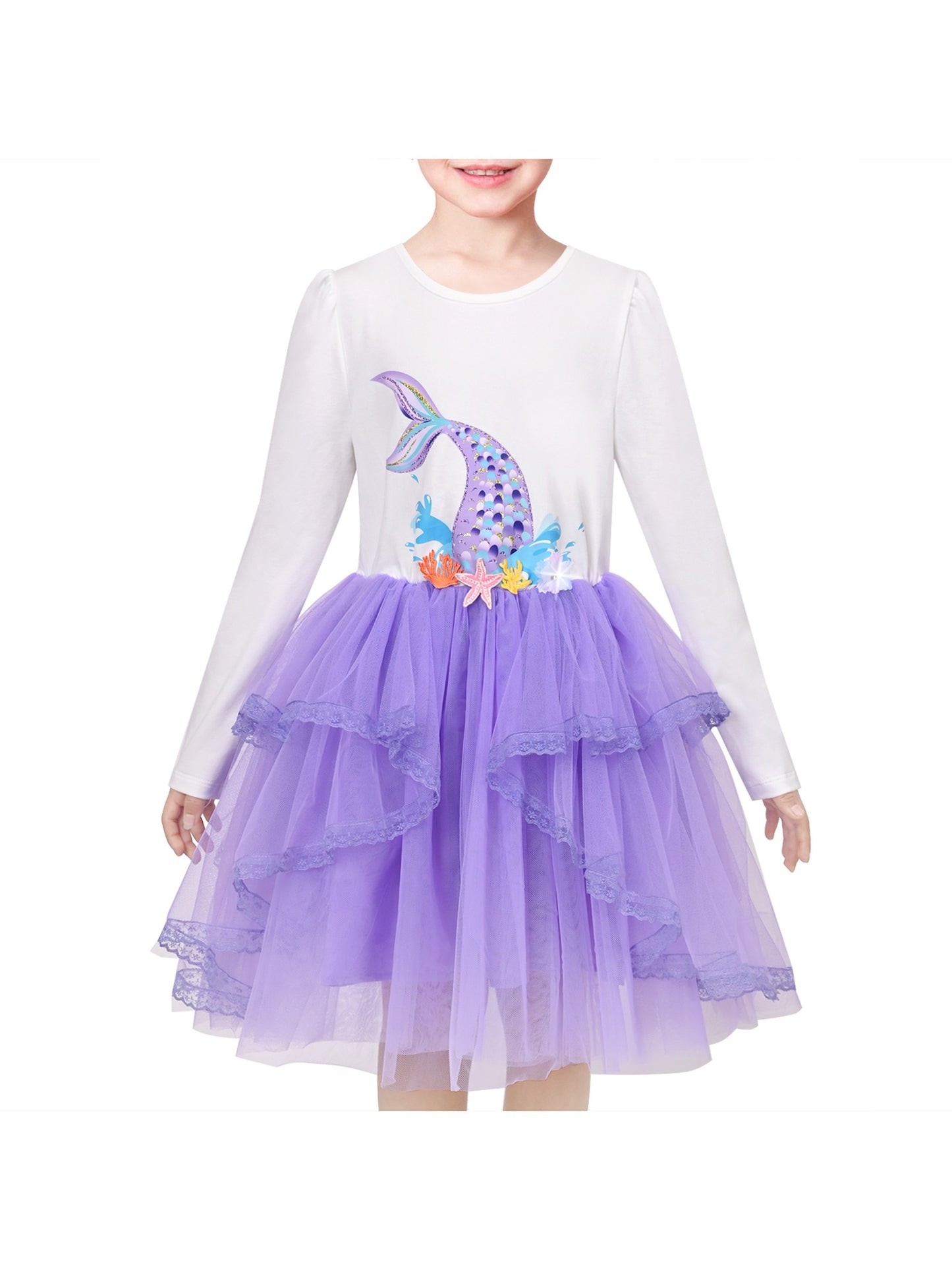 Girls Dress Rainbow Colorful Tulle Skirt Long Sleeve Holiday Party Purple
