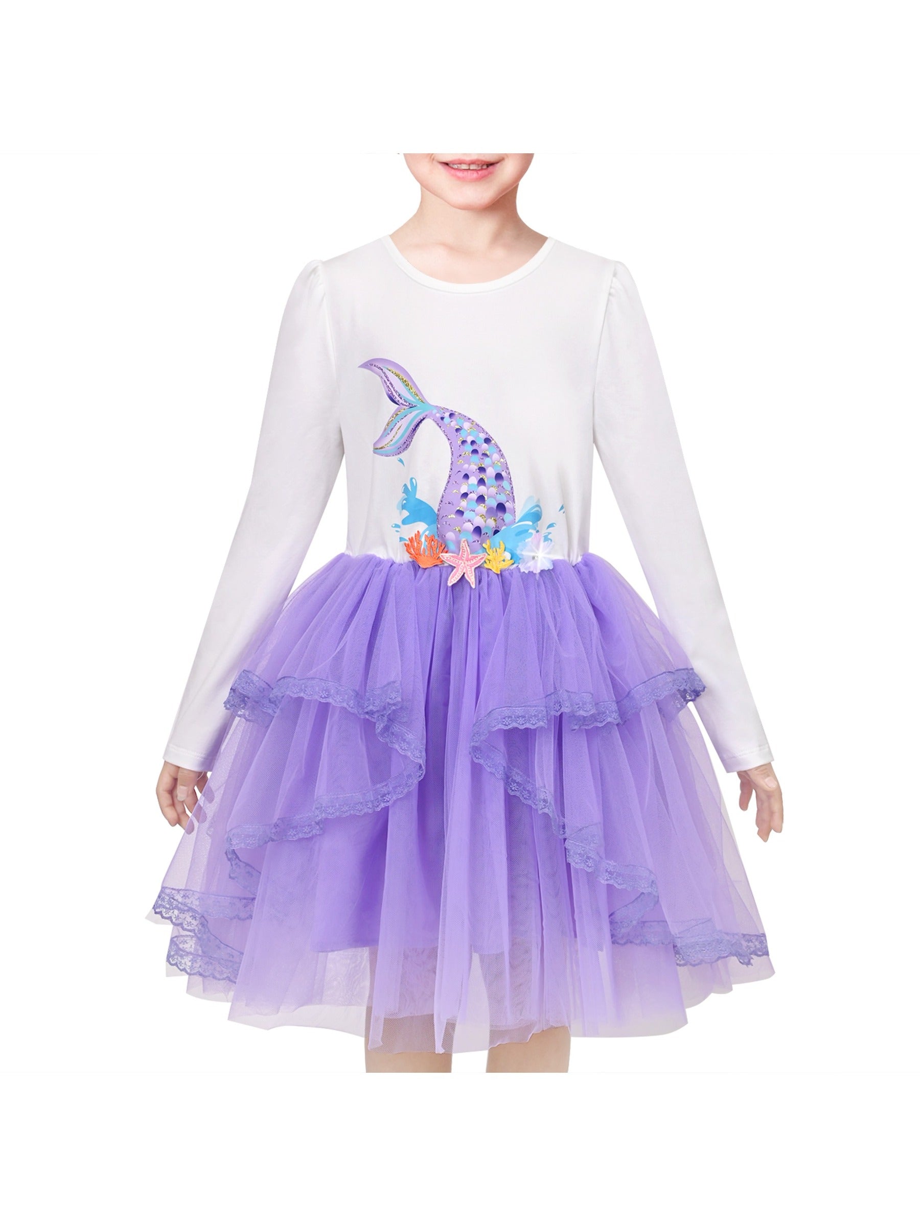 Girls Dress Rainbow Colorful Tulle Skirt Long Sleeve Holiday Party Purple