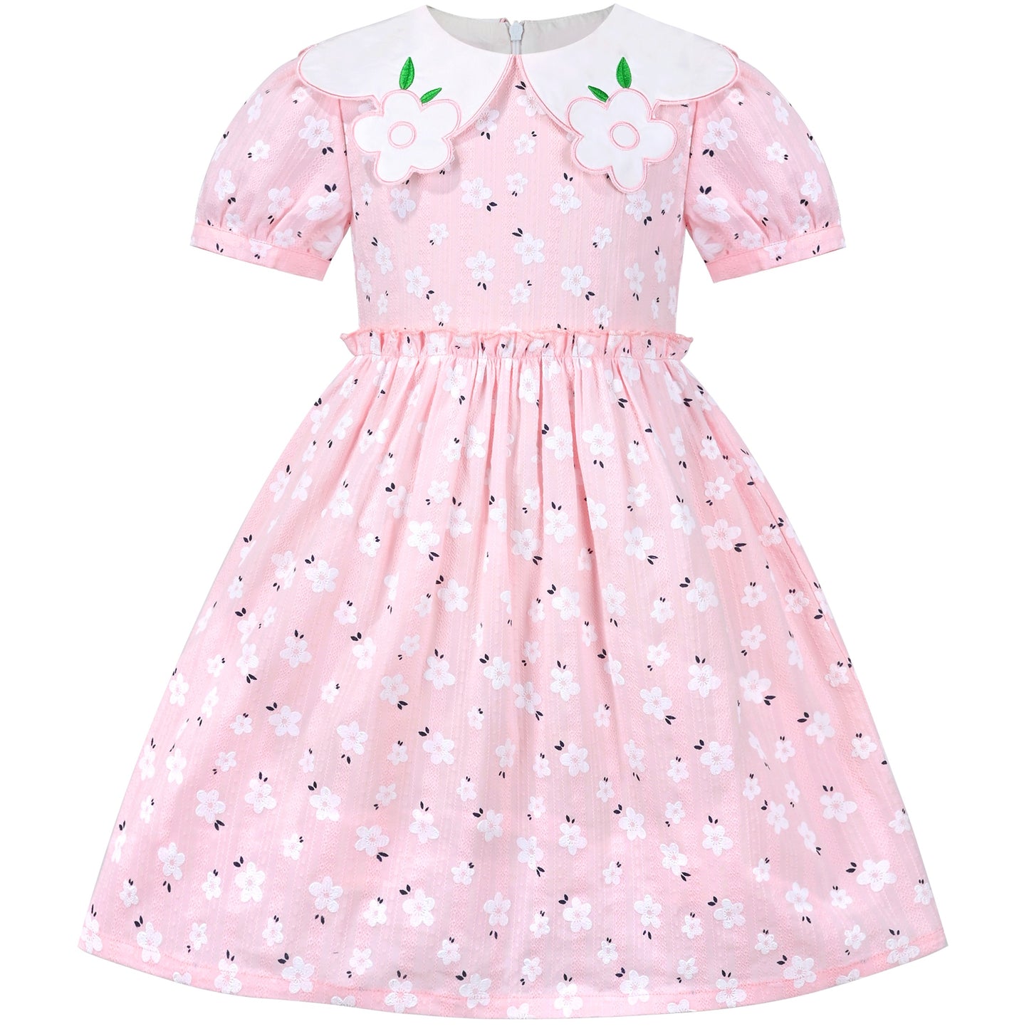 Girls Dress Floral Rose Collar Puff Sleeve Casual Summer Party Pink