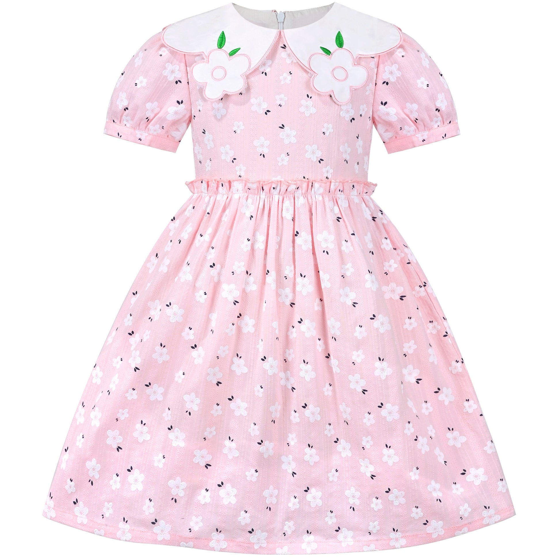 Girls Dress Floral Rose Collar Puff Sleeve Casual Summer Party Pink
