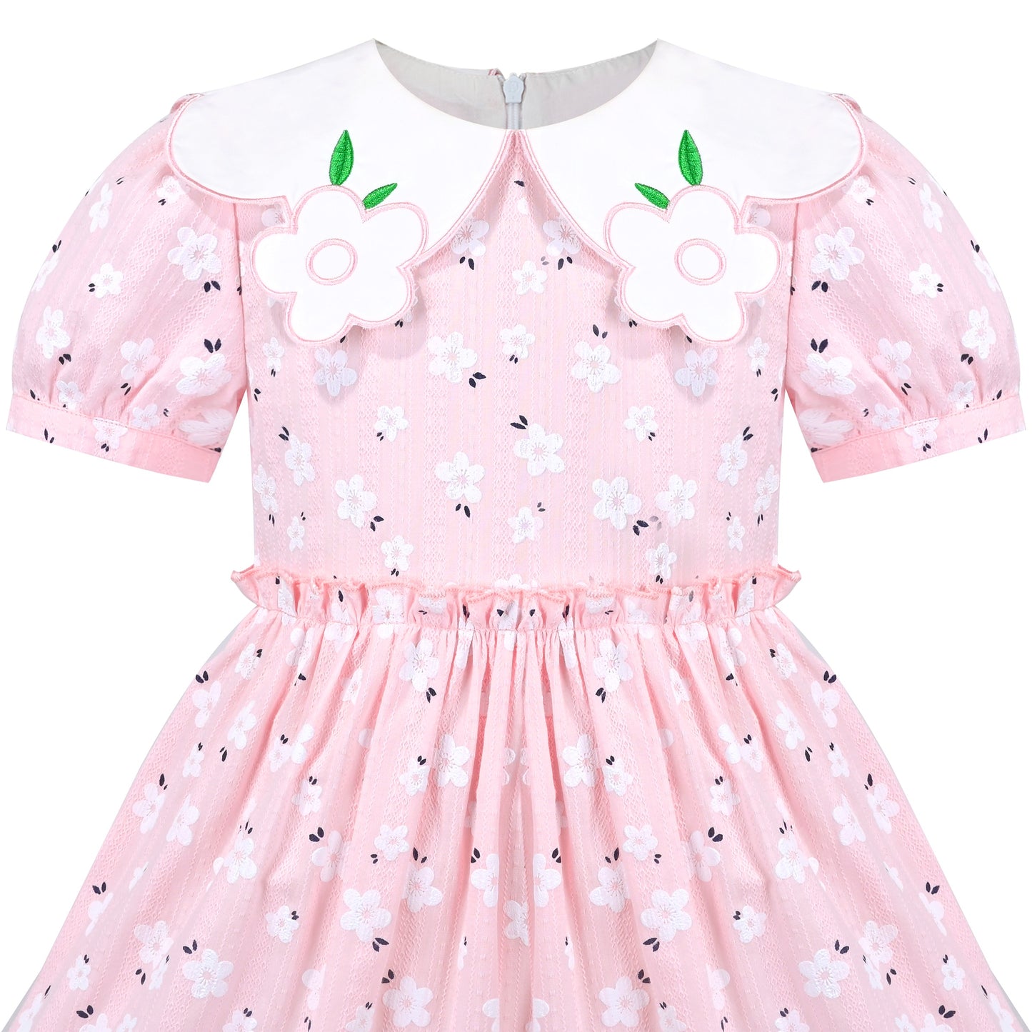 Girls Dress Floral Rose Collar Puff Sleeve Casual Summer Party Pink